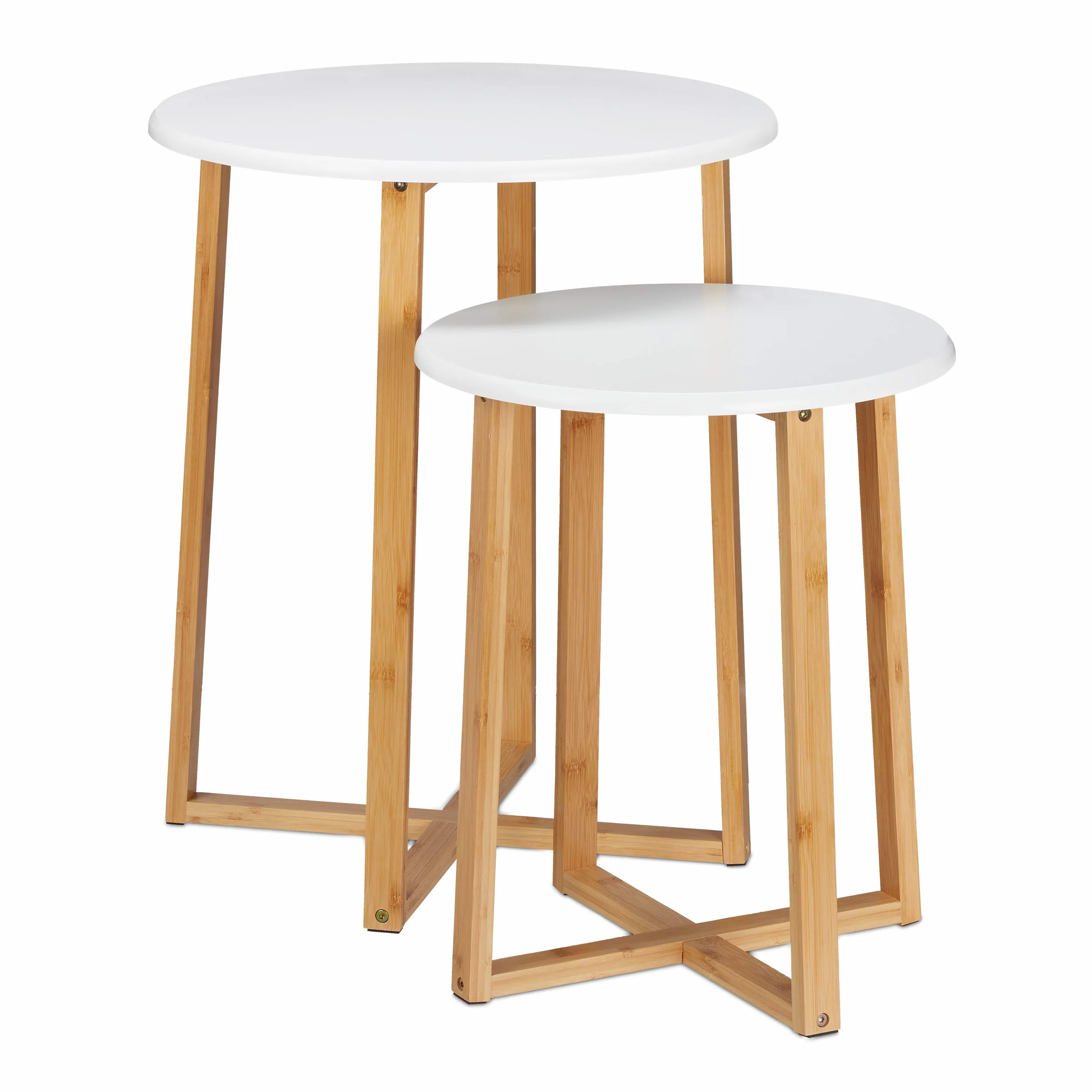 Zestaw 2 stolików bocznych Relaxdays, okrągłe stoliki o wysokości 48,5 i 60,5 cm, nowoczesny design, stolik do salonu, naturalny/biały
