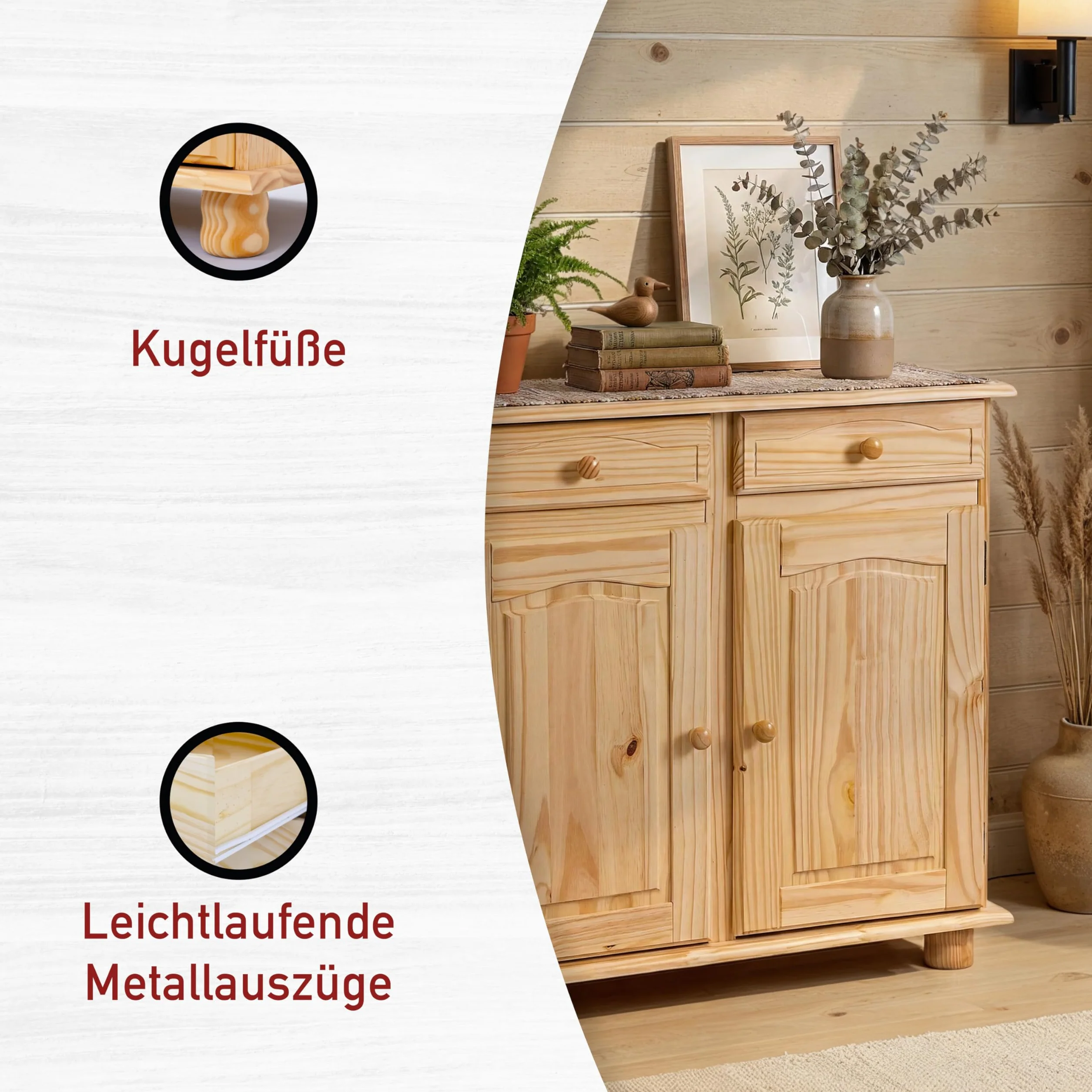 Inter Link Bufet 2 drzwi 2 szuflady z litego drewna sosnowego naturalne