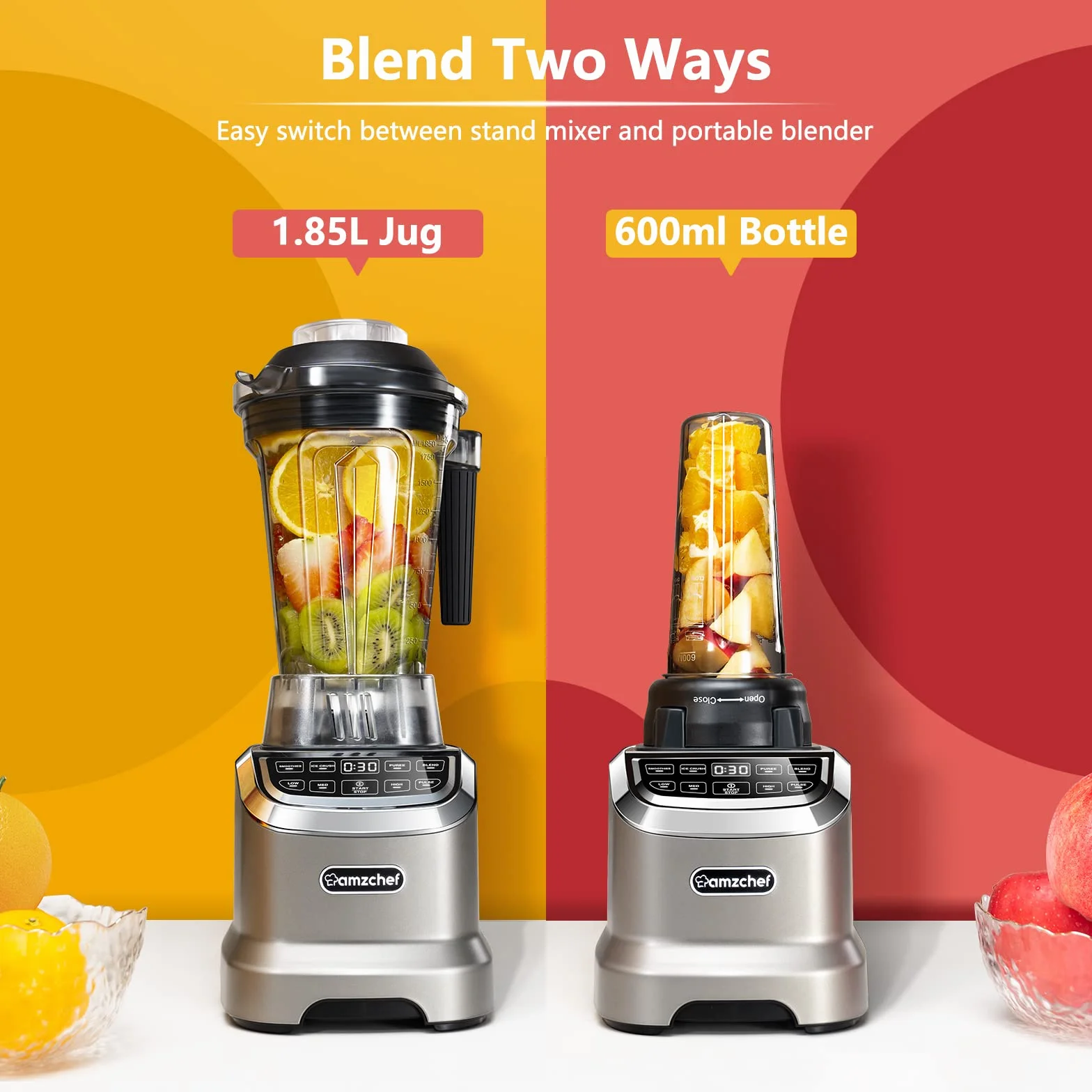 AMZCHEF Blender Smoothie Maker Two Blending Containers - Mikser Stojący High Performance Mikser o Wysokiej Wydajnośc with LED - 1200W 20000 RPM Stand Blender - 6 Ostrych Ostrzy 3D - Szary
