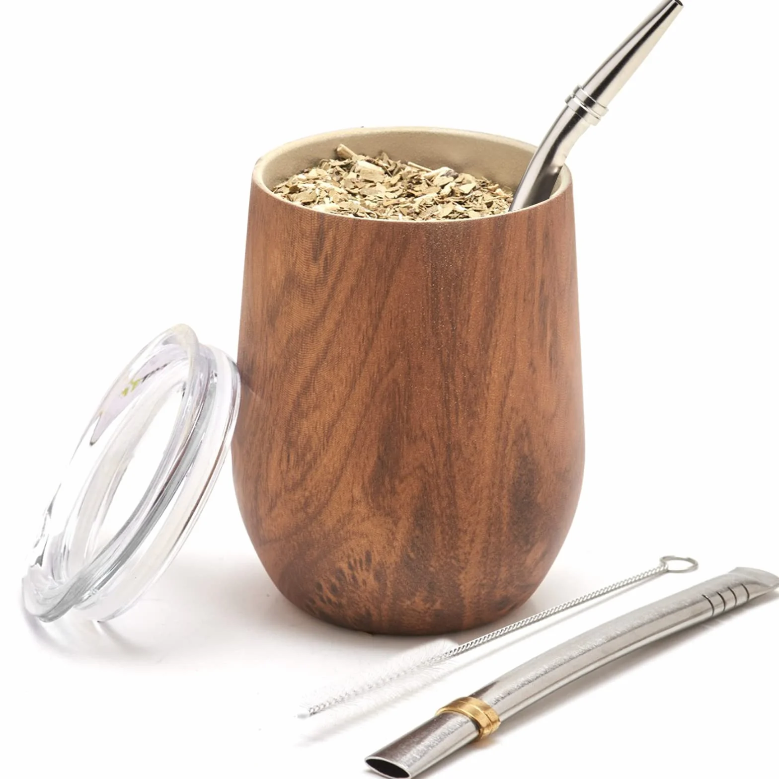 BALIBETOV Zestaw Nowoczesny Kubek Mate i Bombilla - Zestaw Yerba Mate Zawiera Dwuścienny Kubek Mate Ze Stali Nierdzewnej, Dwie Bombilla Mate (Słomka) i Szczotka do Czyszczenia (Drewno, 355 ml)