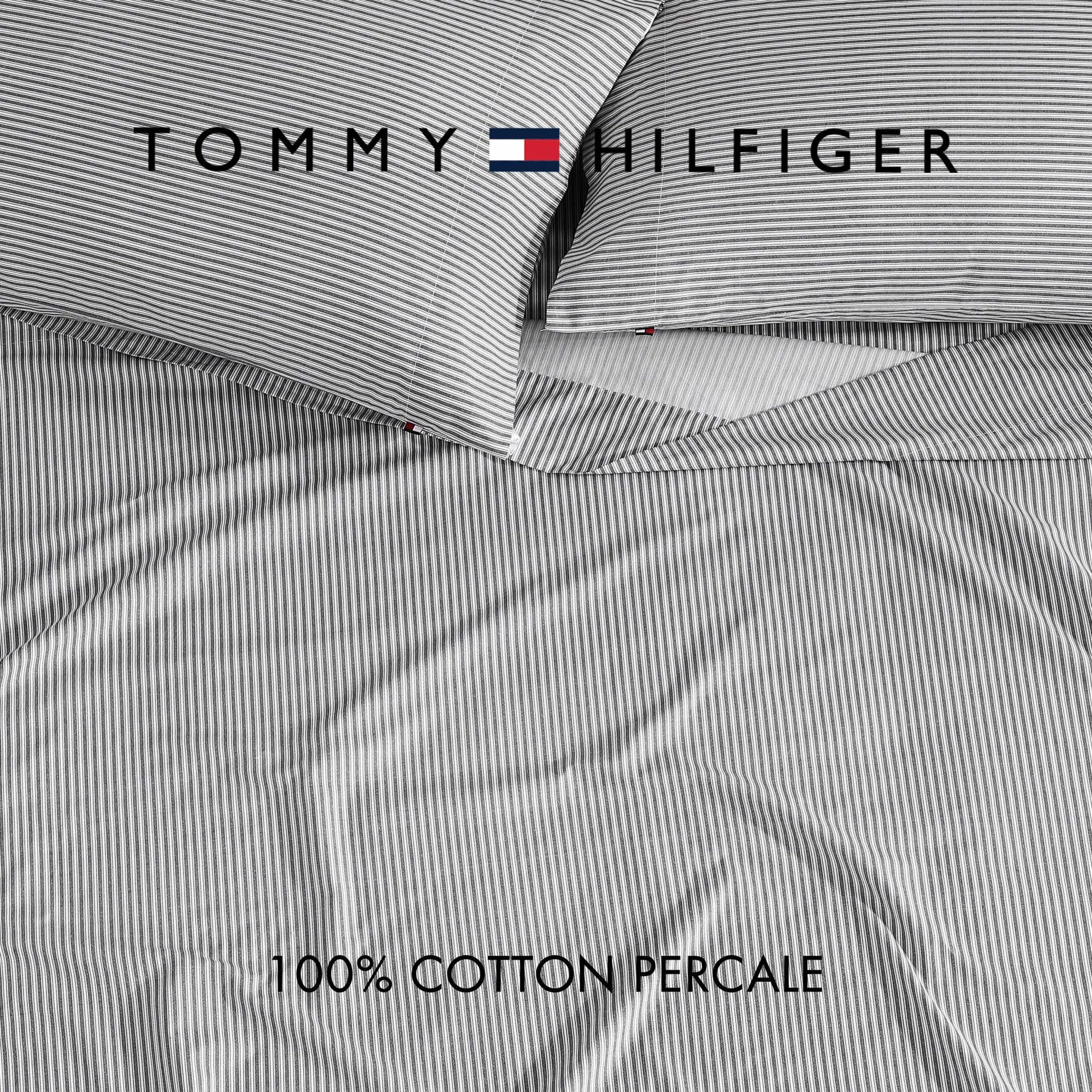 Tommy Hilfiger Zestaw prześcieradeł, bawełniana pościel perkalowa z pasującą poszewką na poduszkę, rześka i fajna, najwyższej jakości niezbędne artykuły domowe (Highland Ticking Stripe Navy, Twin)