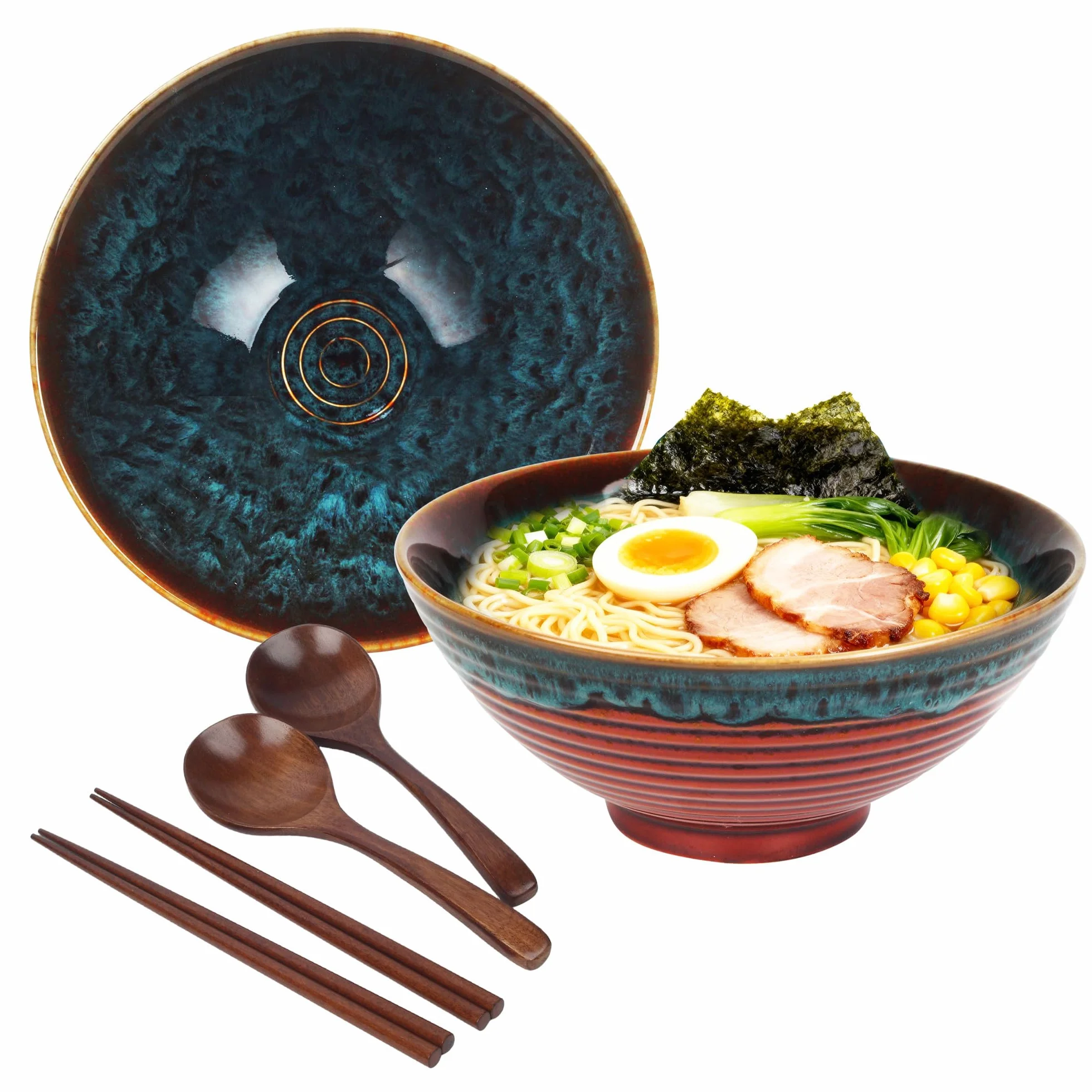 2 x 1200ml Zestaw Misek Ramen z Ceramiki z Pałeczkami i Łyżkami, 20cm Miska Bowl Do Zupy dla Ramen Bowl, Zestaw Ramen, Miska Ramen Duża, Bowl Miska, Zestaw Misek Kuchennych