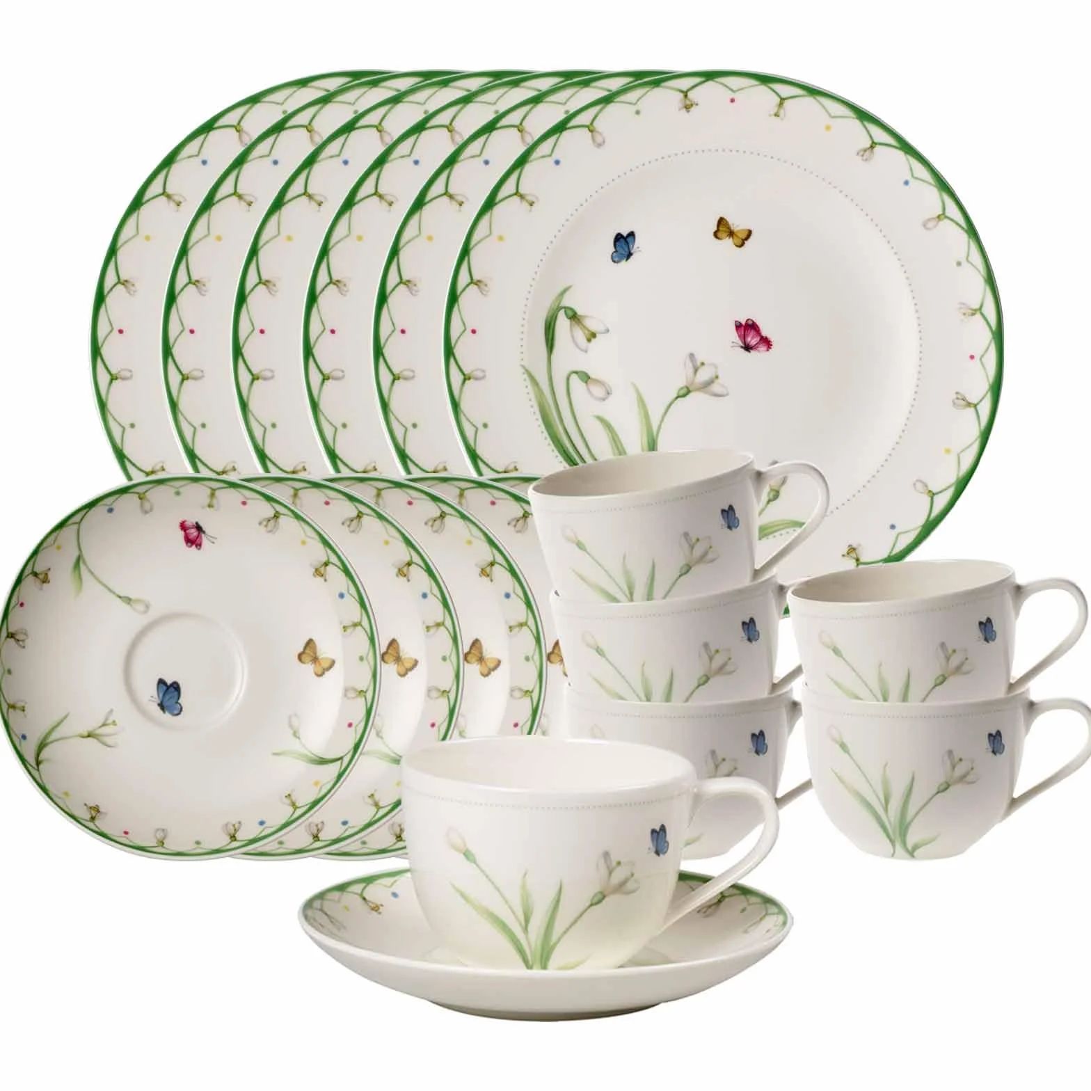 Villeroy & Boch Colourful Spring 18-częściowy serwis do kawy, talerze śniadaniowe (21,5 cm) i filiżanki do kawy ze spodkami (160 ml), dekoracja motyli i kwiatów, porcelana premium, kolorowy