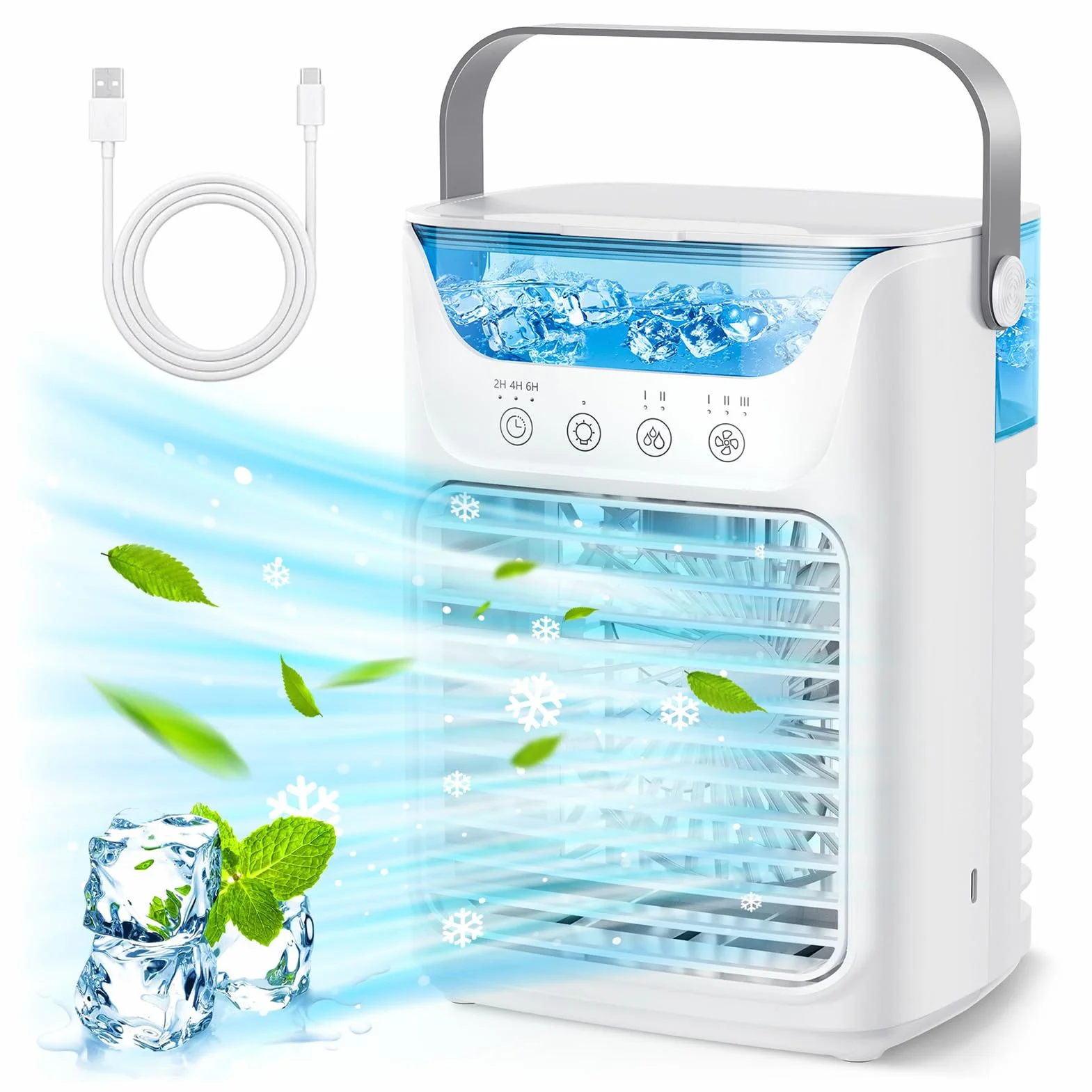 Bewinner przenośny klimatyzator, wentylator i nawilżacz powietrza 4 w 1 z 700 ml, 2 zimne mgły, 3 automatyčne czasy, 7 kolorów lampka nocna