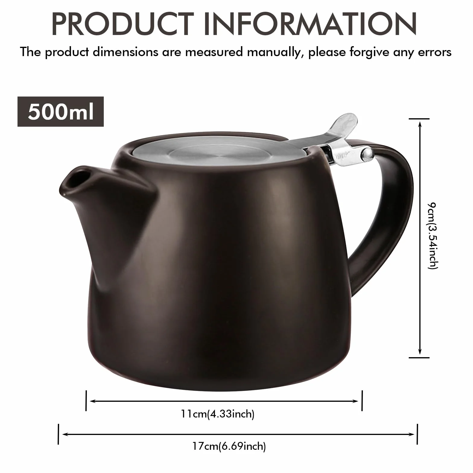 Porcelanowy dzbanek do herbaty z sitkiem 500 ml, stal nierdzewna