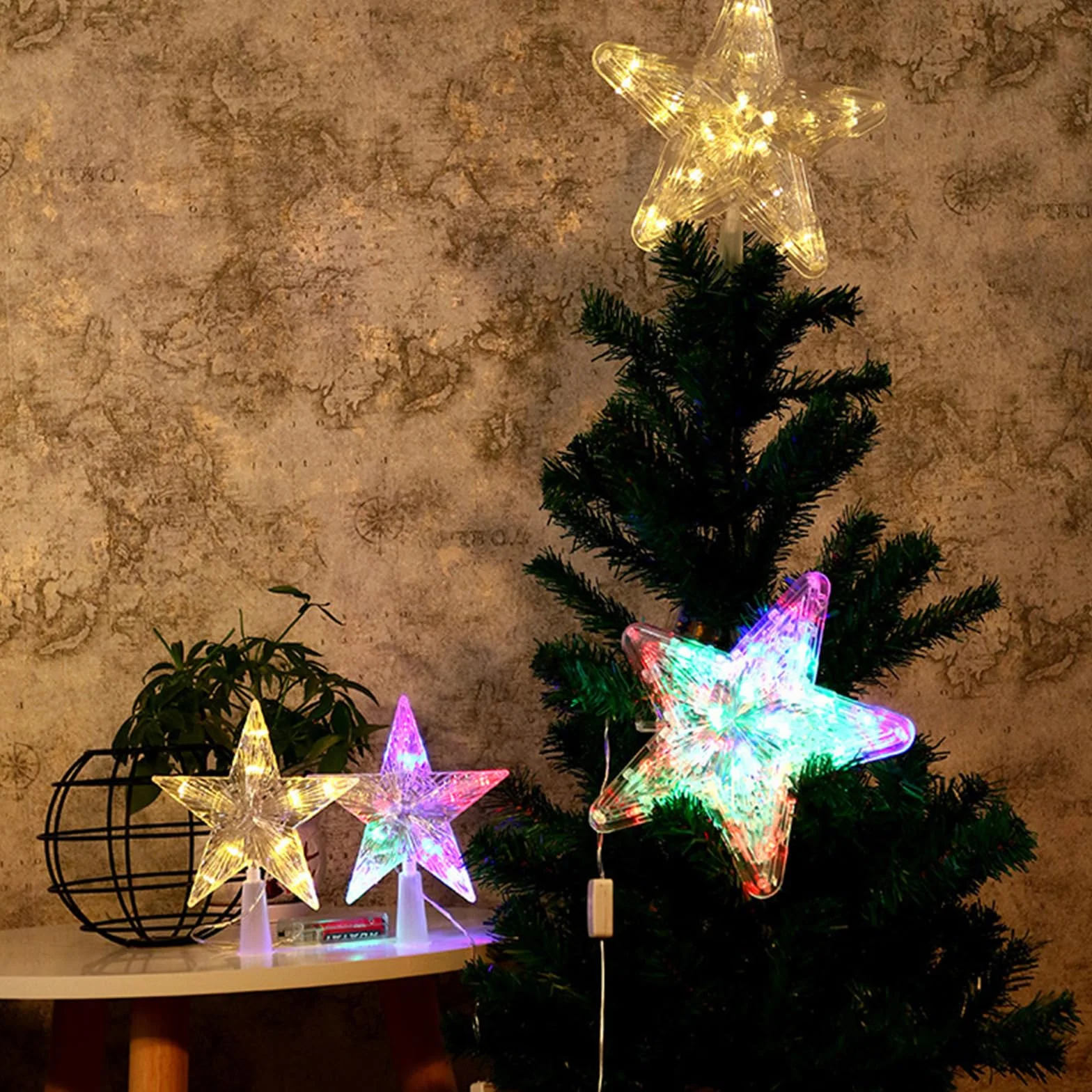 Ozdoby choinkowe, czubek choinkowy z 10 diodami LED z wtyczką elektryczną – 16 x 16 cm, świecący pentagram, gwiazda na choinkę (białe światło, 16 x 16 cm)
