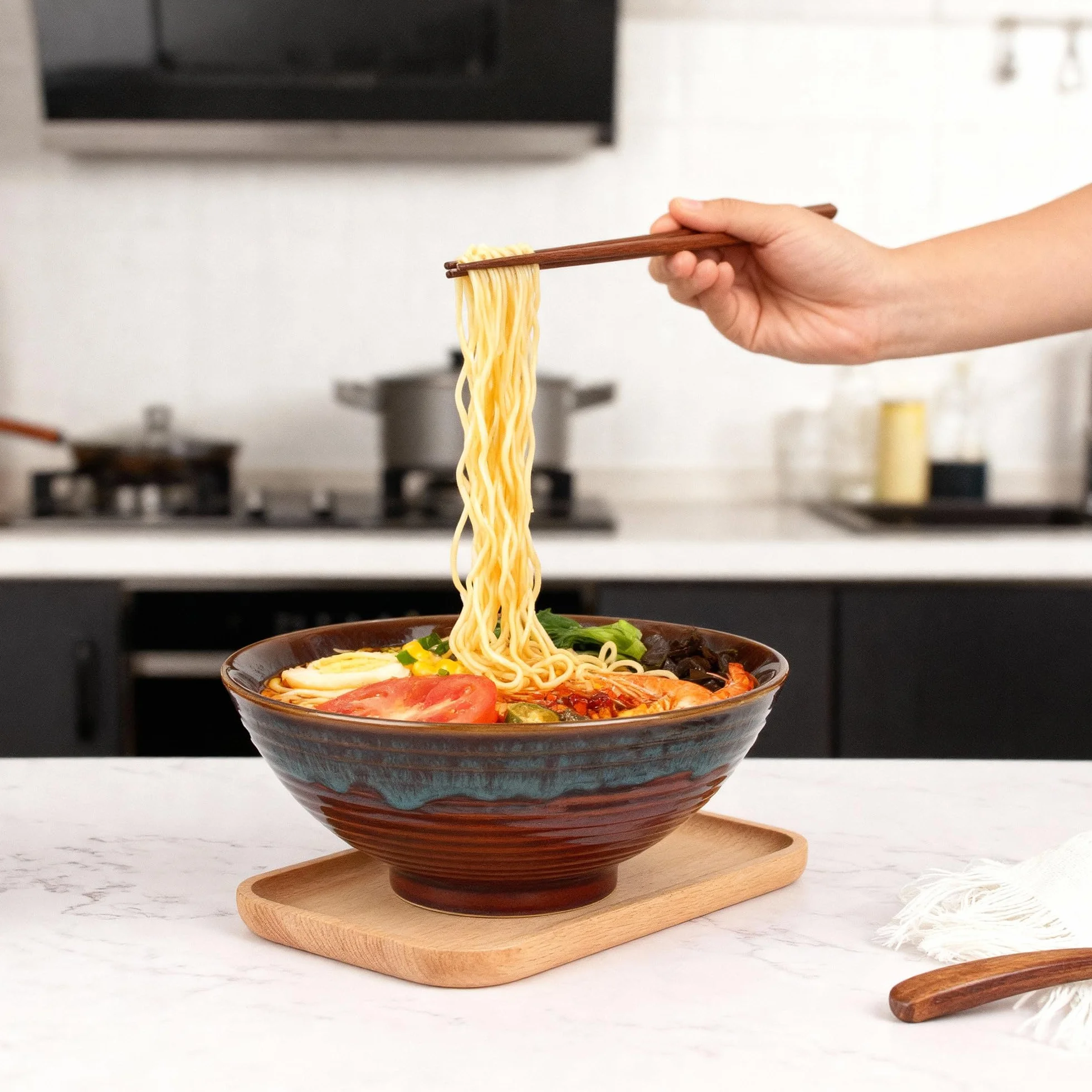 2 x 1200ml Zestaw Misek Ramen z Ceramiki z Pałeczkami i Łyżkami, 20cm Miska Bowl Do Zupy dla Ramen Bowl, Zestaw Ramen, Miska Ramen Duża, Bowl Miska, Zestaw Misek Kuchennych