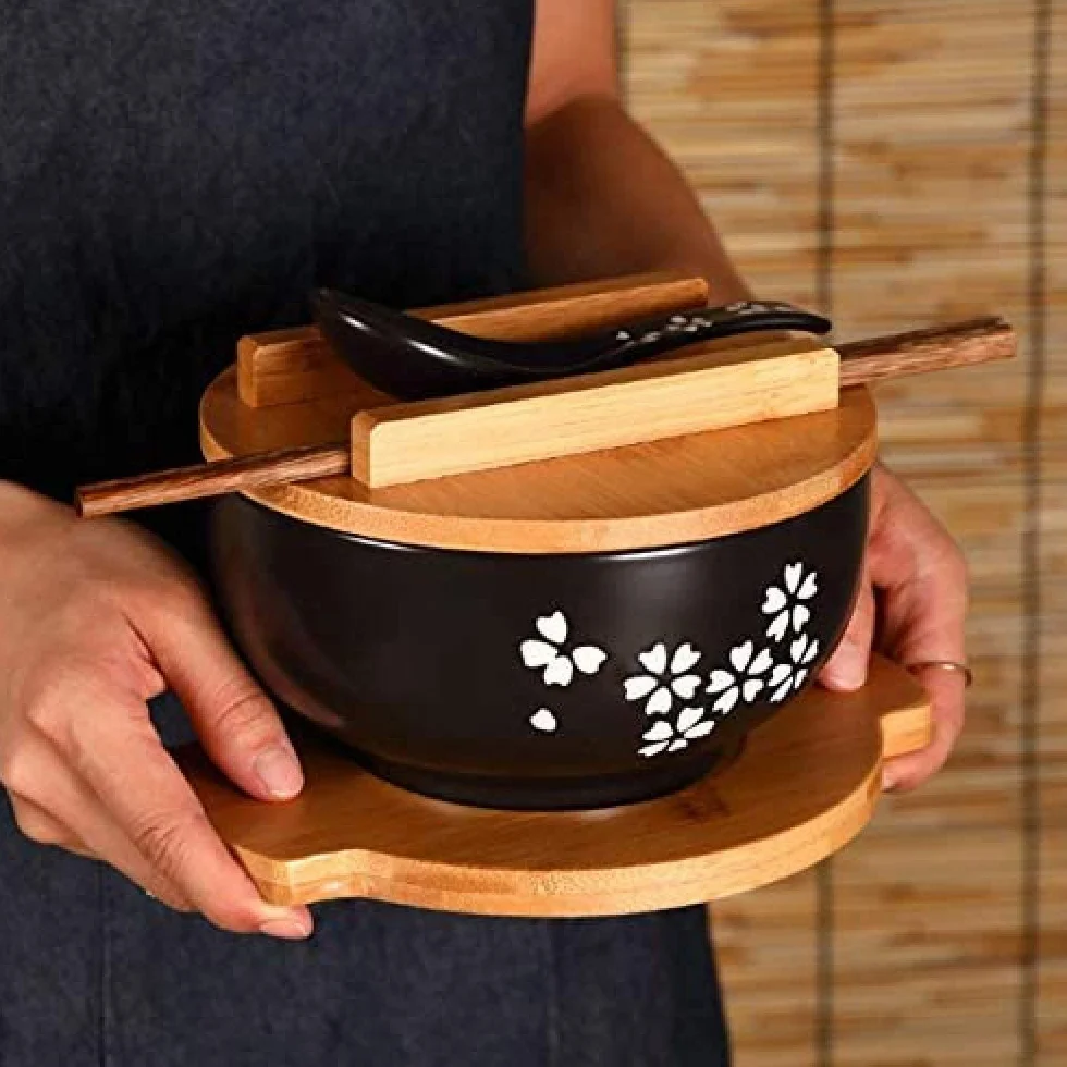 1000 ml ceramiczna miska na makaron z łyżeczką, miska z podkładką z pokrywką, miska na błyskawiczny makaron, miska na zupę koreańską, miska na ryż, zestaw sztućców