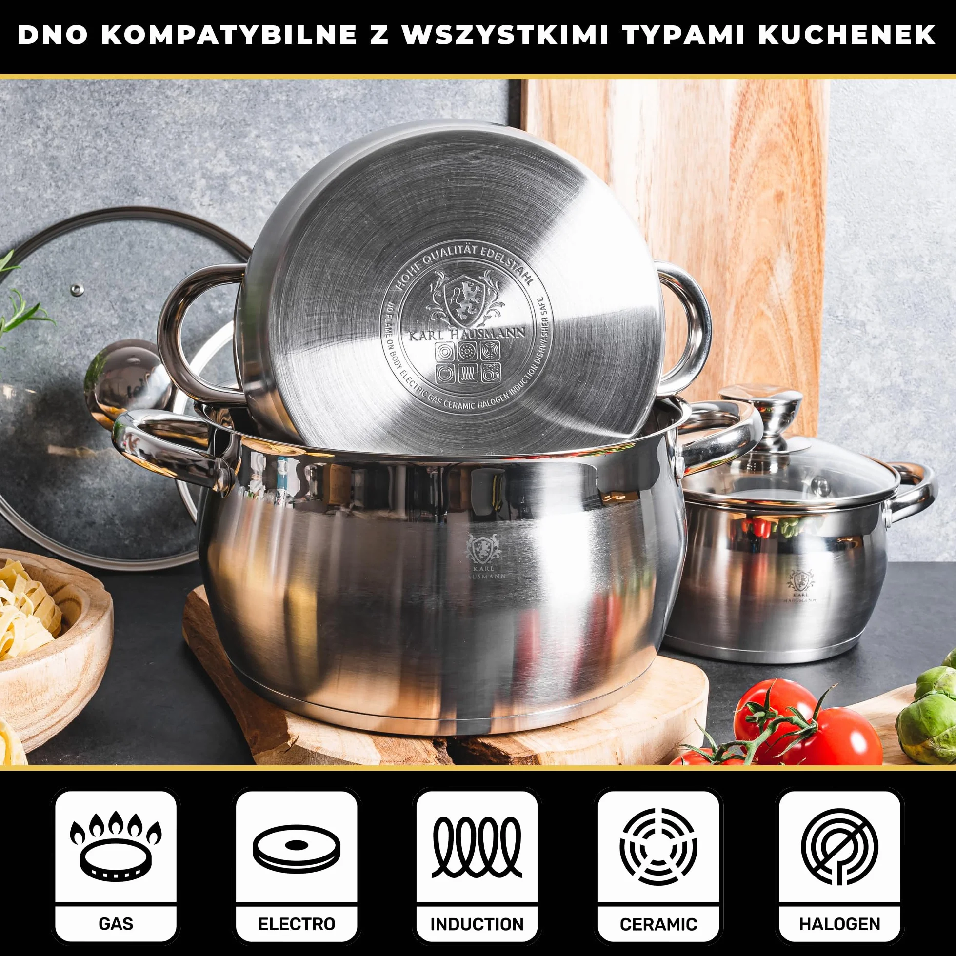KARL HAUSMANN Zestaw Garnków ze Stali Nierdzewnej 18/0-3 Elementy - Garnki z Pokrywkami i Wewnętrzną Miarką - Na Wszystkie Kuchenki, w tym Indukcję i Kuchenka Gazowa