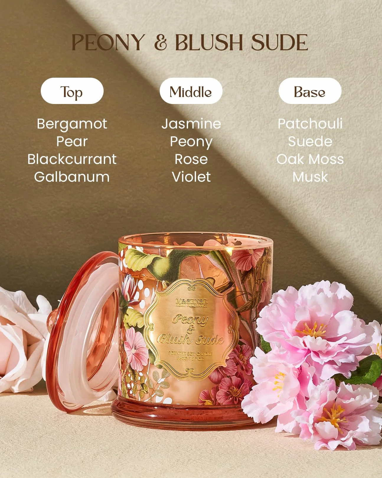 M&SENSE świeca zapachowa sojowa Peony Blush 360g 75h