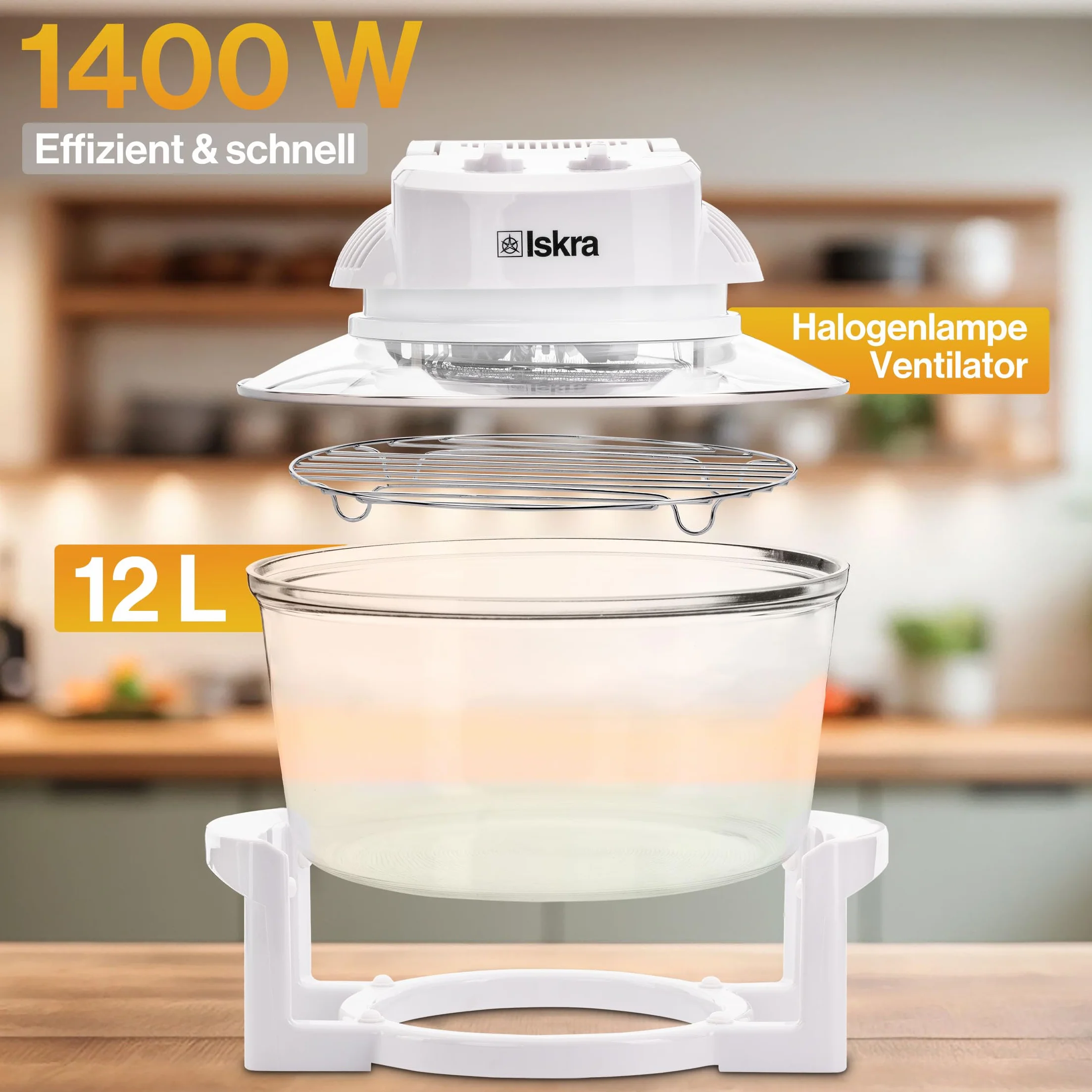 Iskra Piec halogenowy 12-17 l, wydajny piec konwekcyjny, 250 °C piec na gorące powietrze z timerem, 1400 W, szybkie nagrzewanie, wytrzymałe szkło, bogate akcesoria