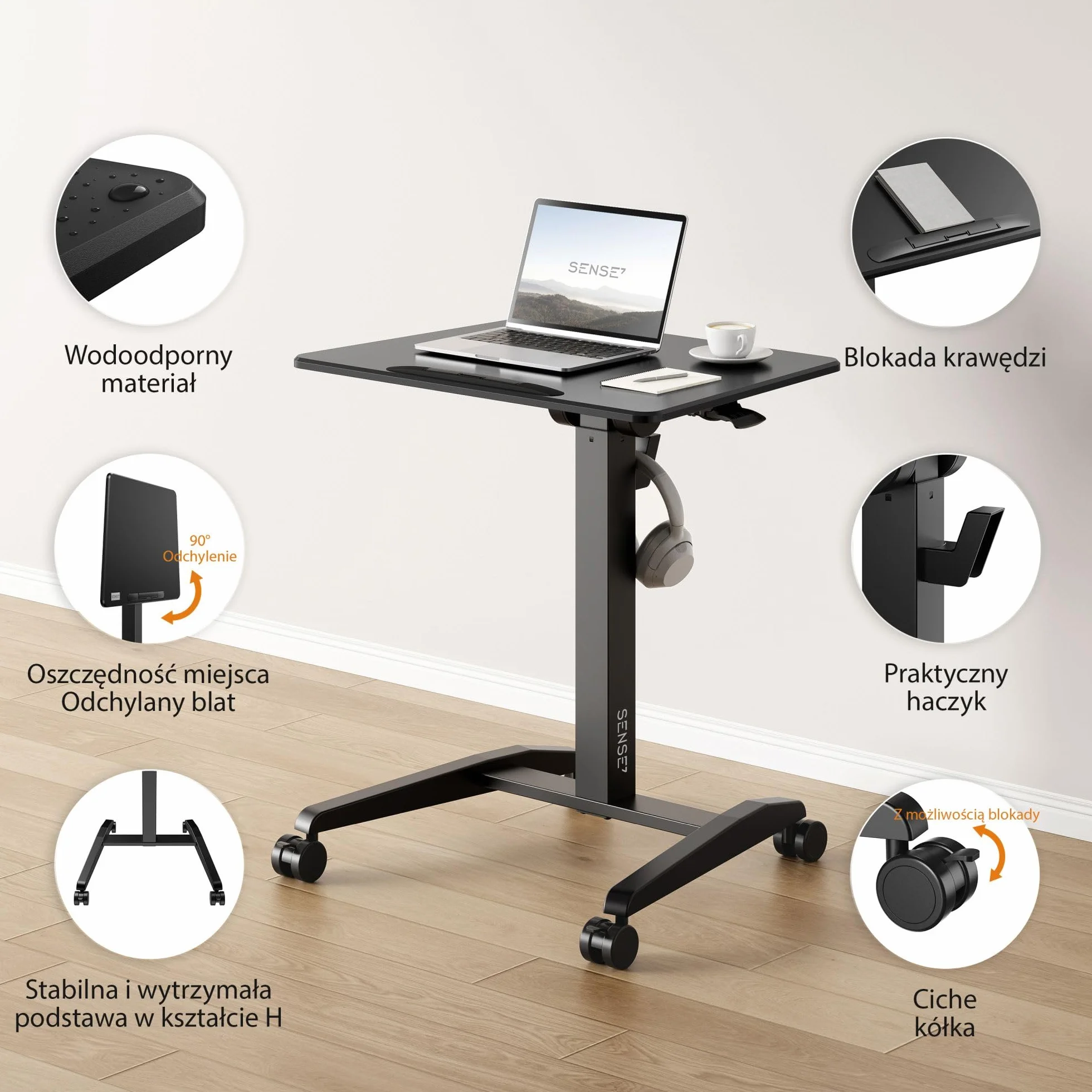 SENSE7 Mobile Desk | Biurko Regulowane | 70 X 52 Cm | Mobilna Konstrukcja | Wysokość 76-111 Cm | Zmiana Kątu Nachylenia | Uchwyt Na Słuchawki | Ogranicznik Krawędzi | Kółka Z Blokadą | Czarne