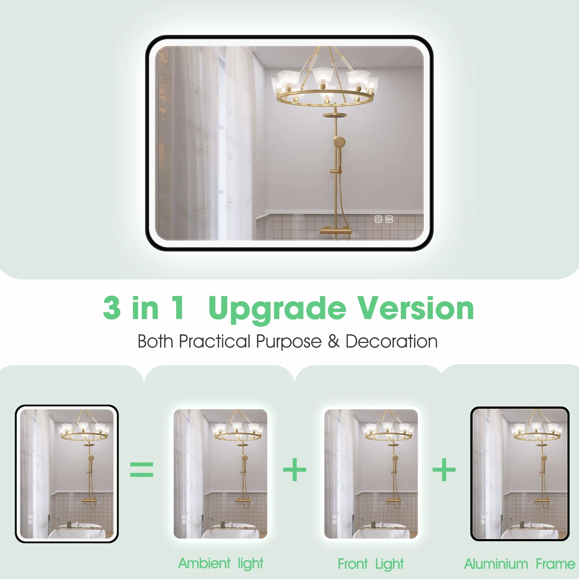 S'bagno Lustro łazienkowe ze światłem 80 x 60 cm, lustro łazienkowe LED z aluminiową ramą, Anti-Fog, 3000-6500K, funkcja pamięci, wodoodporna IP44, pozioma/pionowa, czarna