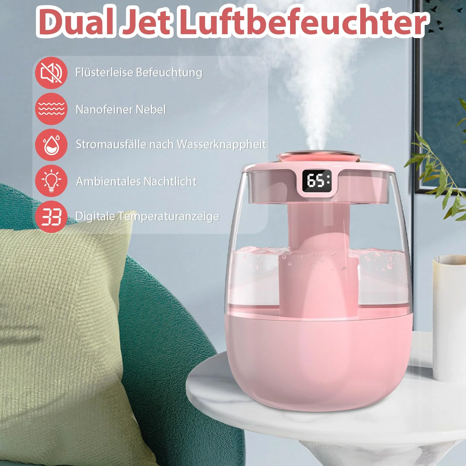 Nawilżacz powietrza, 1 l, cichy humidifier z 2 otworami, nawilżacz powietrza z cichym wyświetlaczem cyfrowym USB, 2 tryby mgły i lampka nocna do biura, pokoju dziecięcego, sypialni, samochodu, różowy