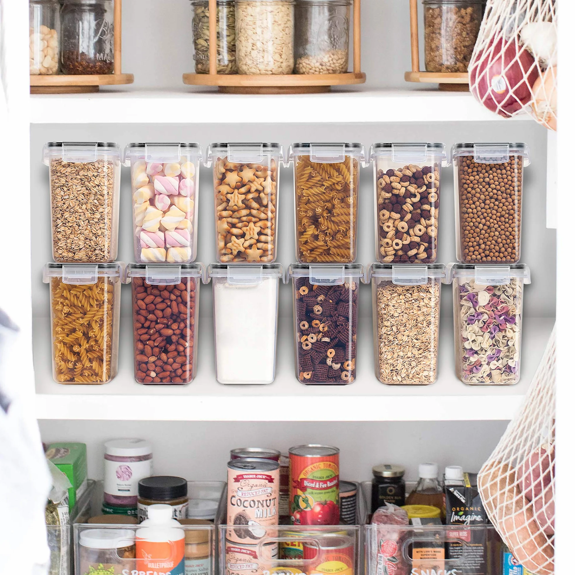 Vtopmart Zestaw pojemników do przechowywania 1,6 l, na płatki zbożowe, ziarna, mąkę i żywność, hermetyczne pojemniki do przechowywania z tworzywa sztucznego bez BPA, 12 szt., 24 etykiety (czarne)