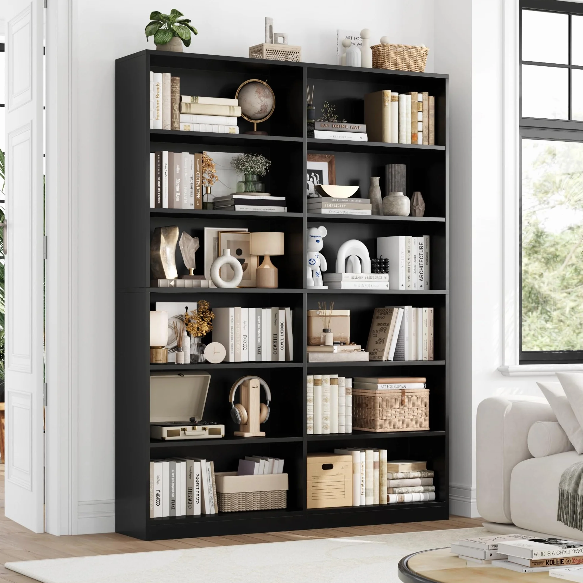 FirFurd Regał na książki z 12 przegródkami, szafka na książki, regał stojący, regał do przechowywania do salonu, biura, kuchni 120 x 30 x 188,7 cm, kolor czarny