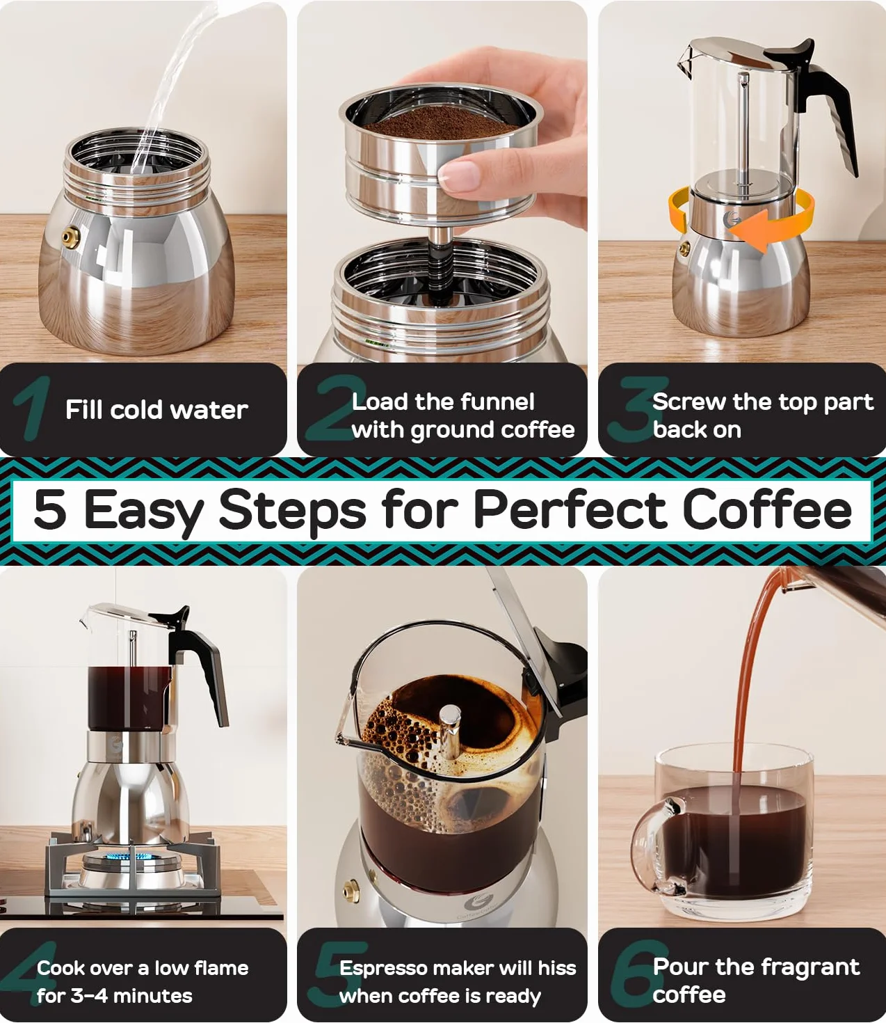 Coffee Gator 9 filiżanek Moka Pot, 450 ml kuchenka ekspres do kawy włoskiej, przezroczyste szkło i konstrukcja ze stali nierdzewnej, srebrny