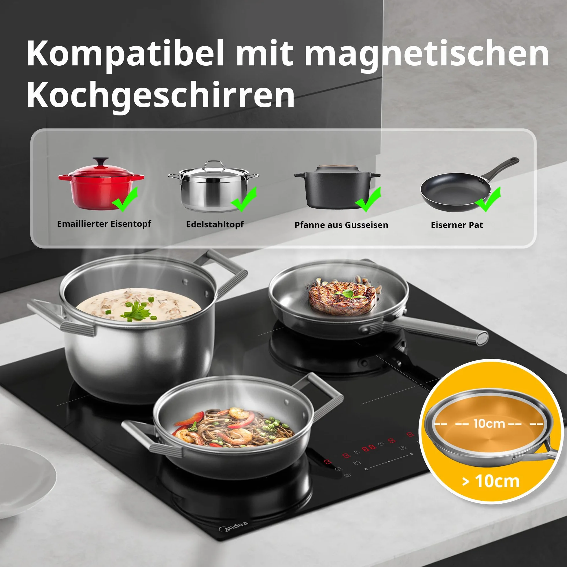 Midea Płyta indukcyjna 7400 W z 4 strefami grzewczymi, do zabudowy, ceramiczna, okablowanie, sterowanie dotykowe, automatyczne wyłączanie, zabezpieczenie przed dziećmi