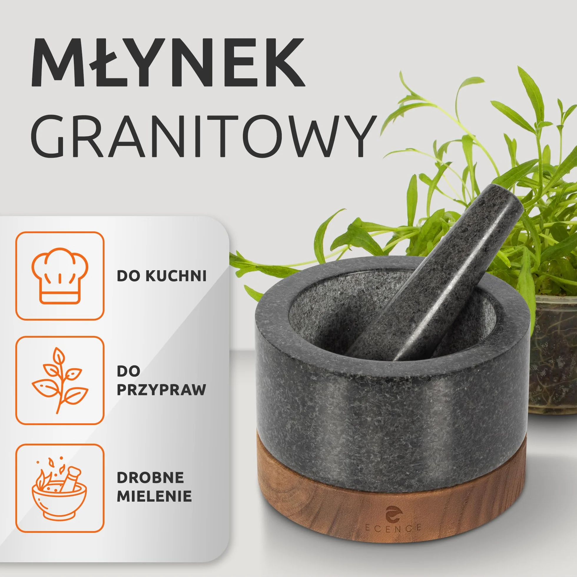 ECENCE Drewniany i Granitowy Moździerz i Tłuczek Zestaw tłuczków i Moździerzy do Przypraw dla Doskonałego Kruszenia Duży Kamienny Moździerz i Tłuczek Granit i Drewno Akacjowe Ø15,5cm