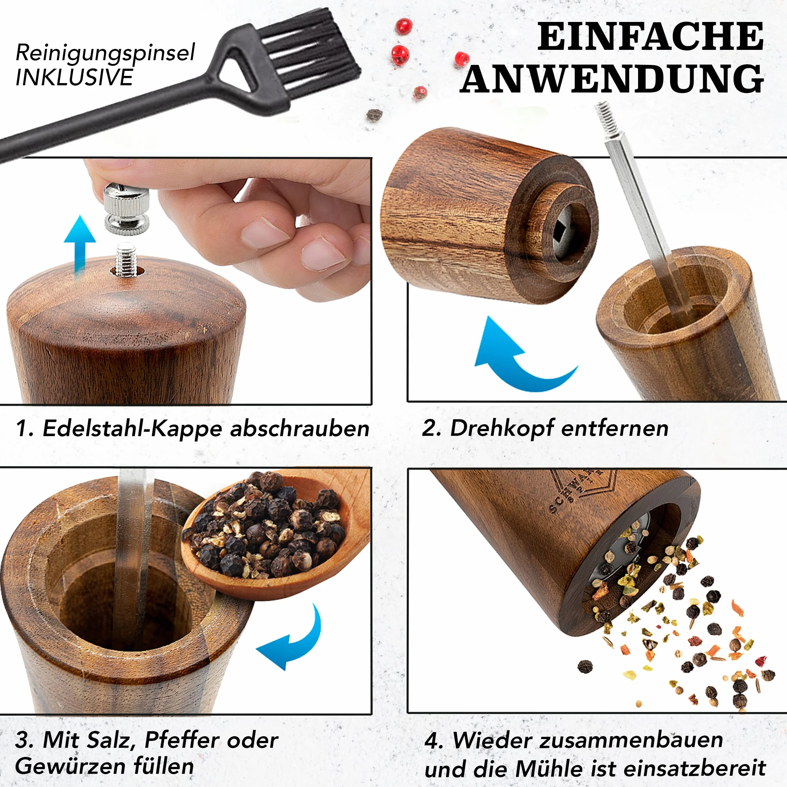 zestaw drewnianych młynków do pieprzu, soli i przypraw – szlachetne wykonanie – z ceramicznym mechanizmem mielącym, w komplecie z pędzlem do czyszczenia i książką z przepisami, ponadczasowy prezent (21 cm).