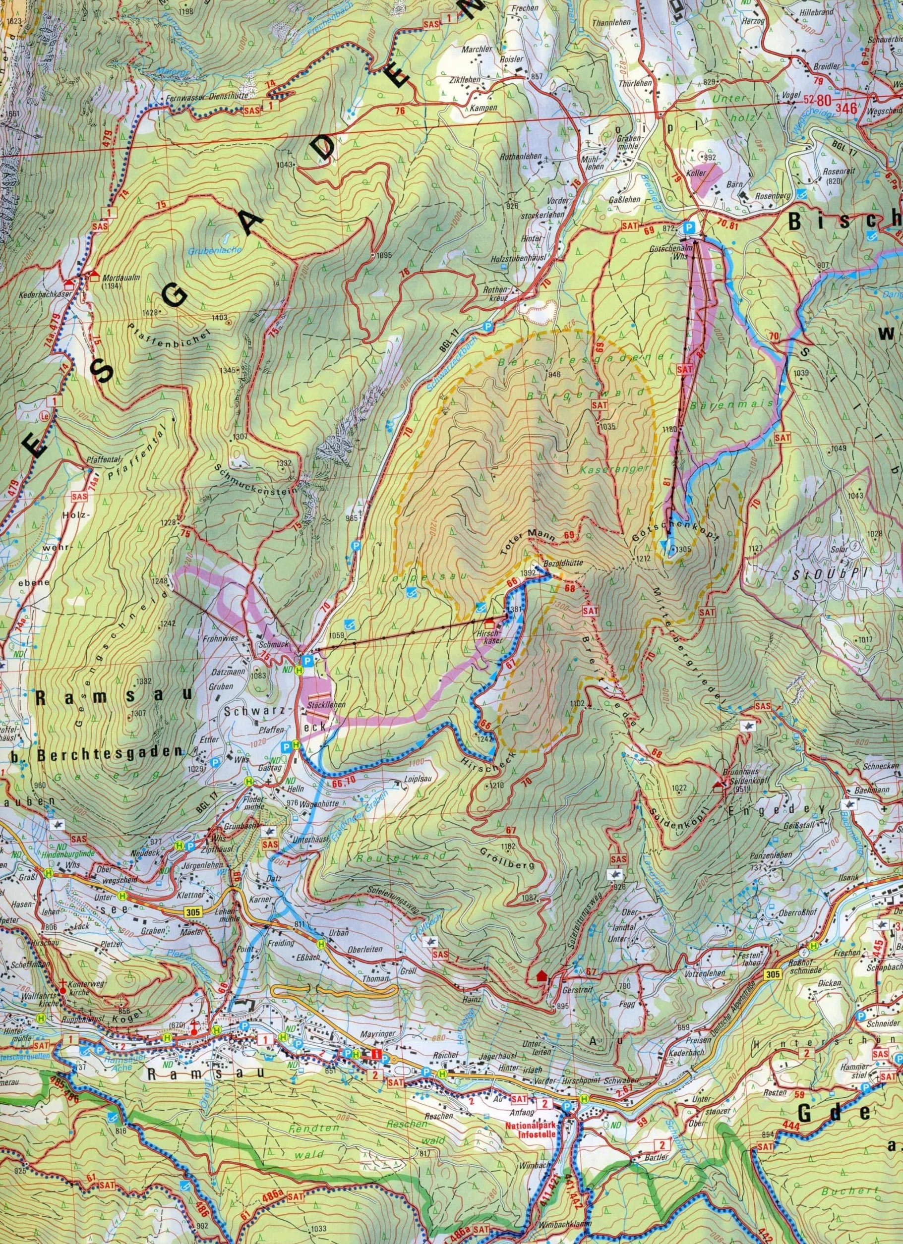 Lattengebirge, Reiteralm, Ramsau 1:25 000: Wegmarkierung, Ski- und Schneeschuhrouten: BY 20