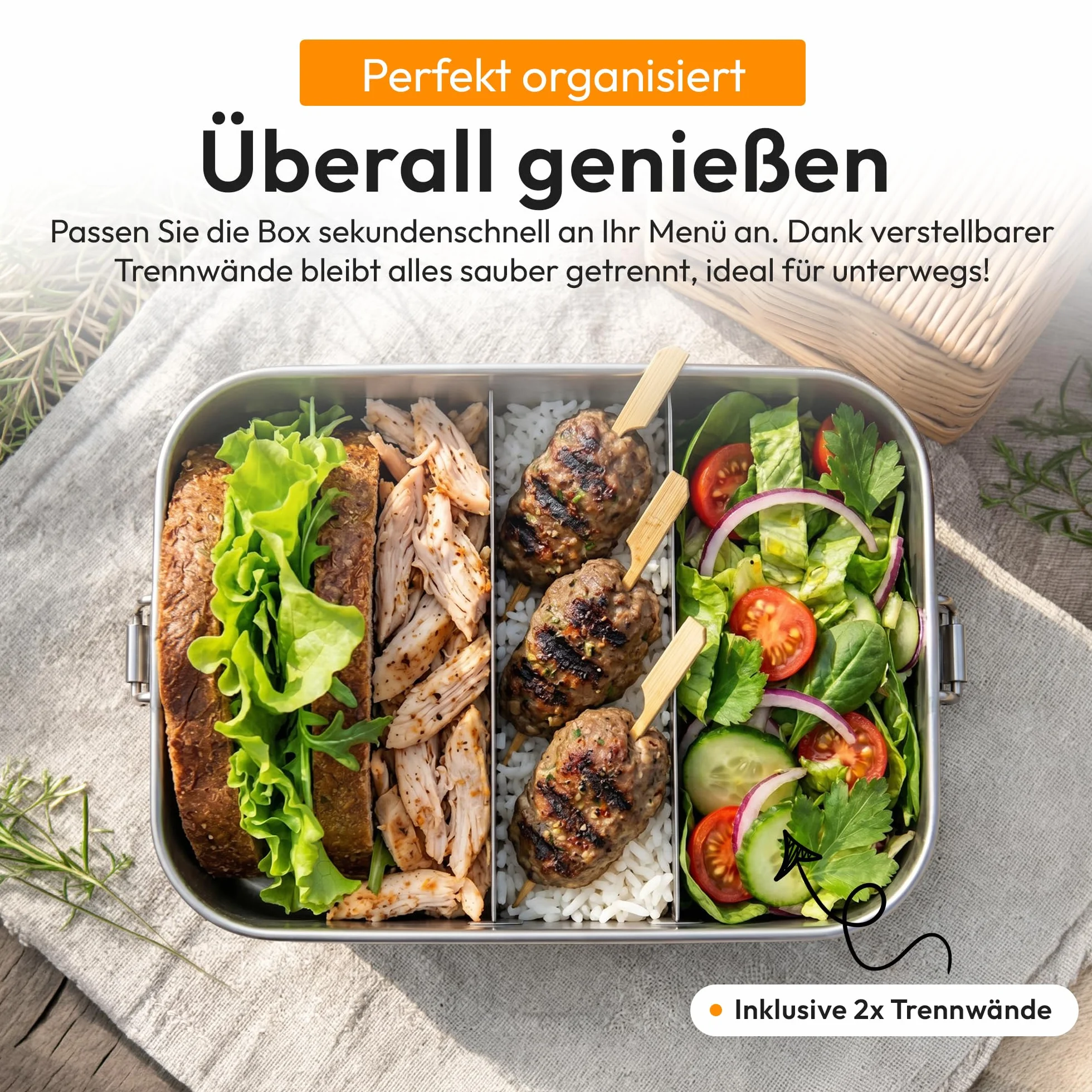 Pudełko na lunch Dimono® Szczelne bento box Pudełko na lunch ze stali nierdzewnej; Wodoodporne, trwałe pudełko z przegródkami i uszczelkami (c: 1400 ml)