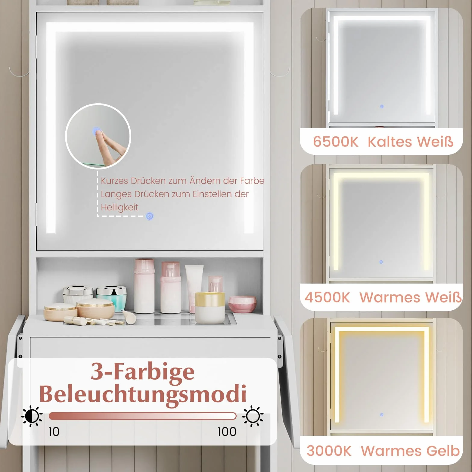 COSTWAY Toaletka z 3 kolorami LED lustro i taboretem do makijażu, zestaw fryzjerski ze szklanym blatem, gniazdkami, haczykami i składanymi częściami bocznymi, wąska toaletka biała, 94 x 41 x 147 cm