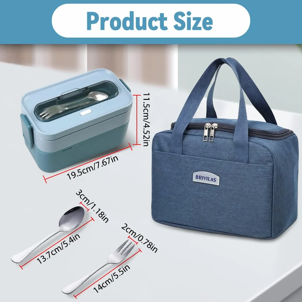 Pudełko na lunch Bento 1600 ml Niebieskie, 2-warstwowe pudełko na lunch z torbką na lunch i sztućcami, bezpieczne do mikrofalówki, bez BPA, idealne dla dzieci i dorosłych do szkoły, biura i pikniku