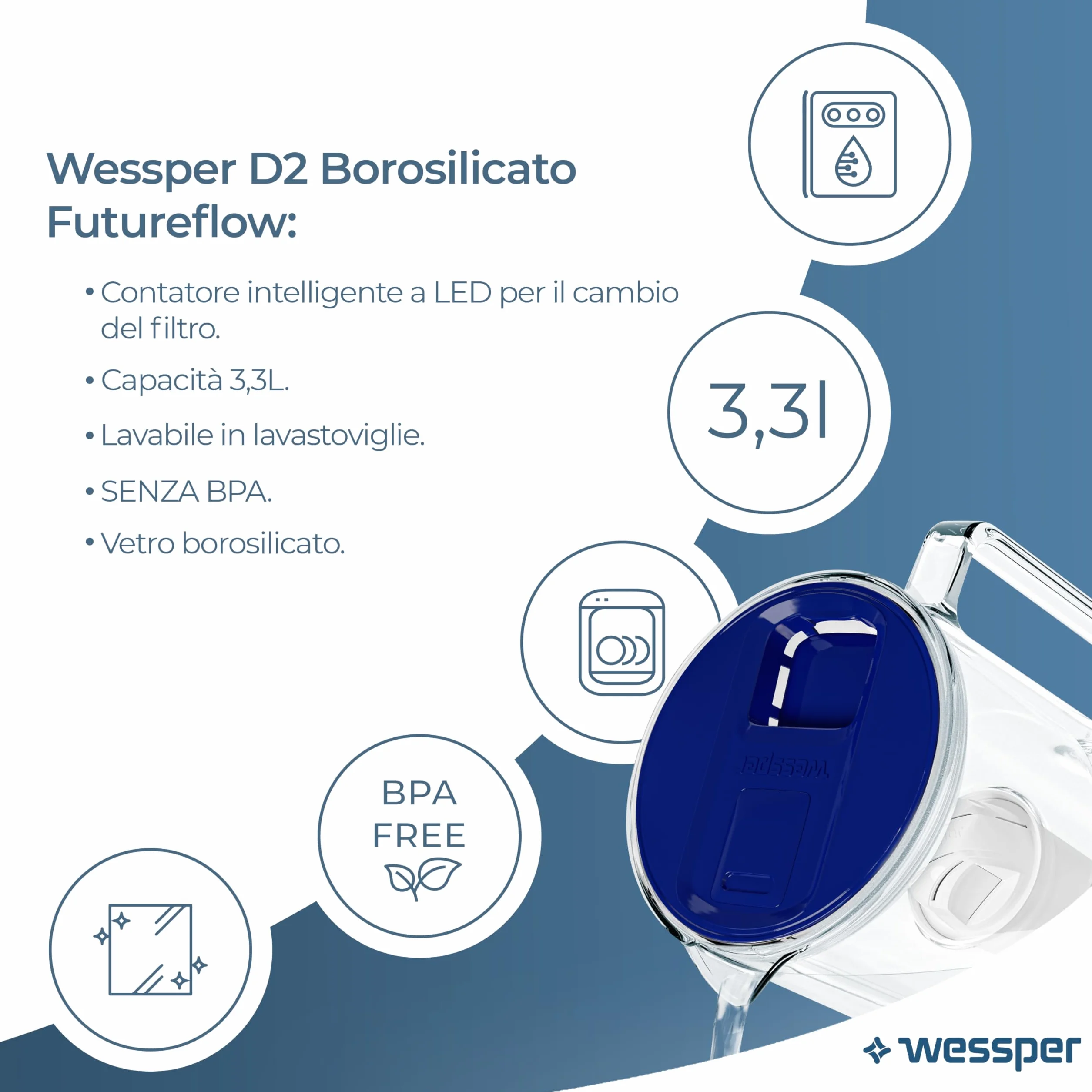 Wessper Dzbanek z filtrem do wody 3,3 l z licznikiem wymiany filtra, niebieski