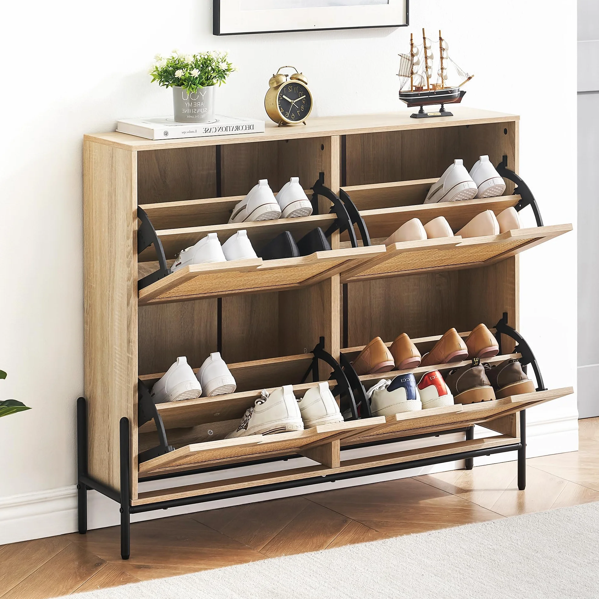 Szafka na buty, rattanowa, wąska szafka na buty z 4 klapkami, z 8 regulowanymi półkami, komoda na buty do korytarza, wejścia 100 x 24 x 88 cm