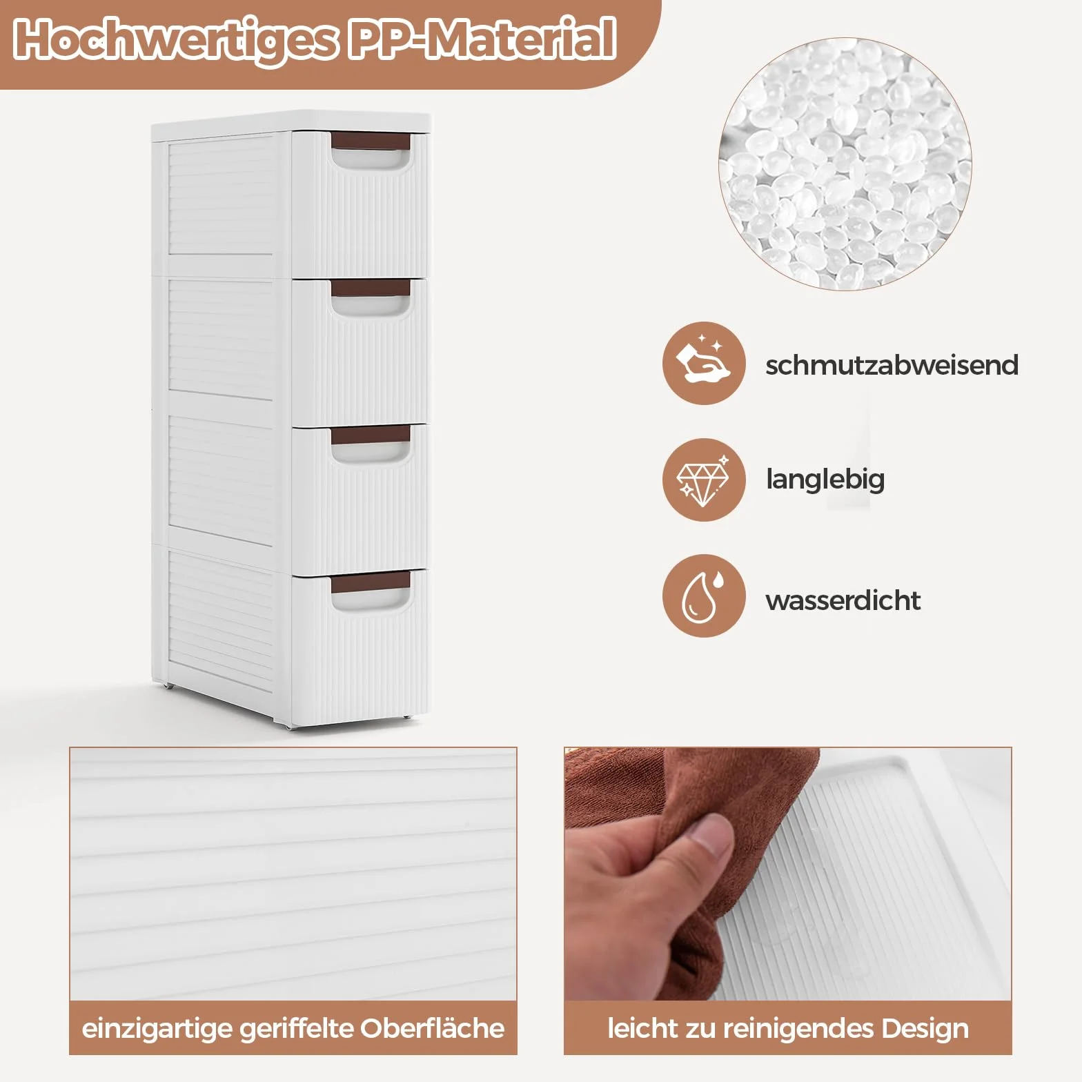 COSTWAY Wąska szafka wnękowa z rolkami, regał wnękowy 20 cm szerokości, wózek wnękowy z 4 szufladami, wózek łazienkowy do łazienki, klasy, studia i salonu, biały, 42 x 19 x 74 cm