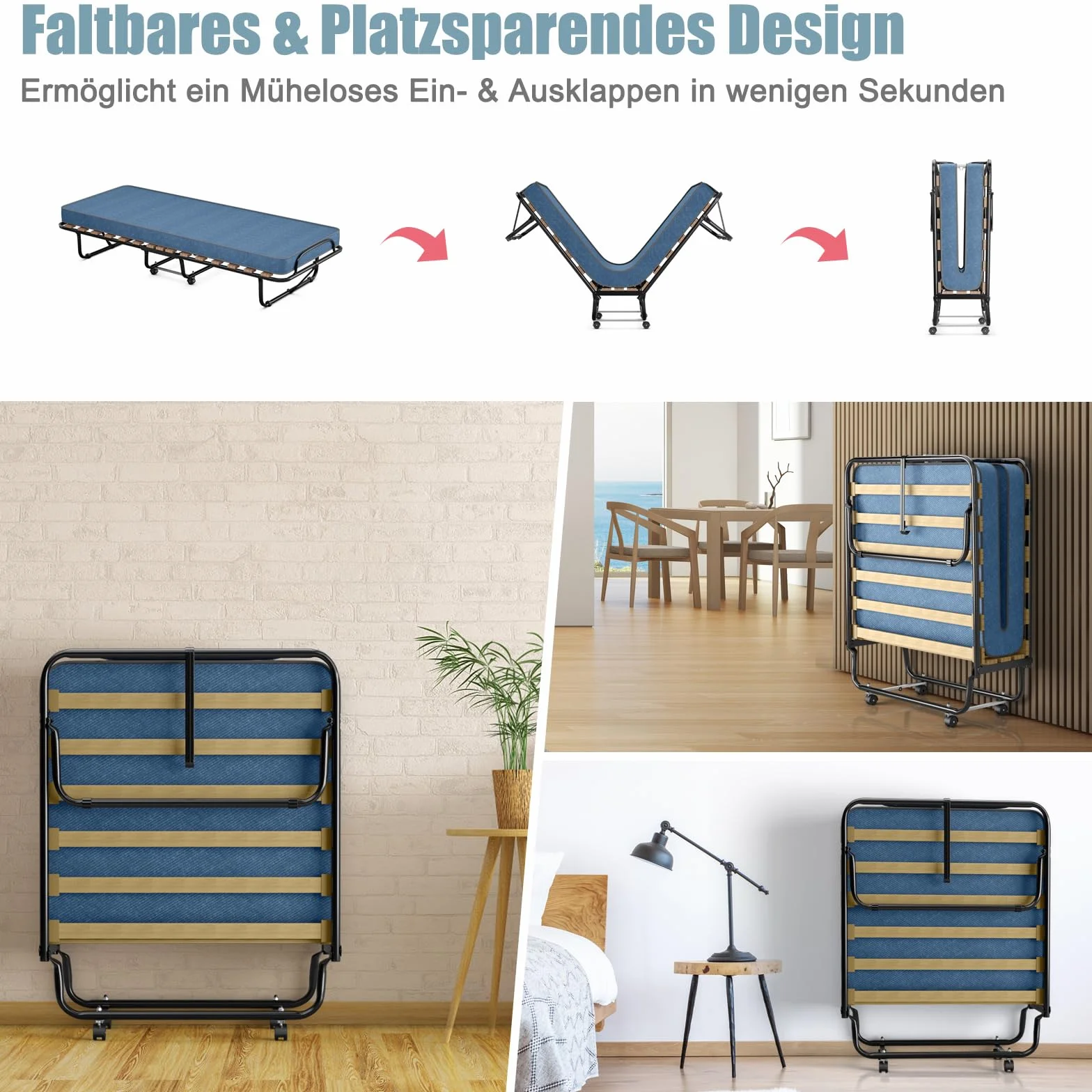 COSTWAY Łóżko dla gości 80 x 190 cm z materacem z pianki memory, składane łóżko pojedyncze, stabilne metalowe łóżko do 130 kg, na kółkach, do biura, pokoju gościnnego, łóżko przenośne (niebieskie)