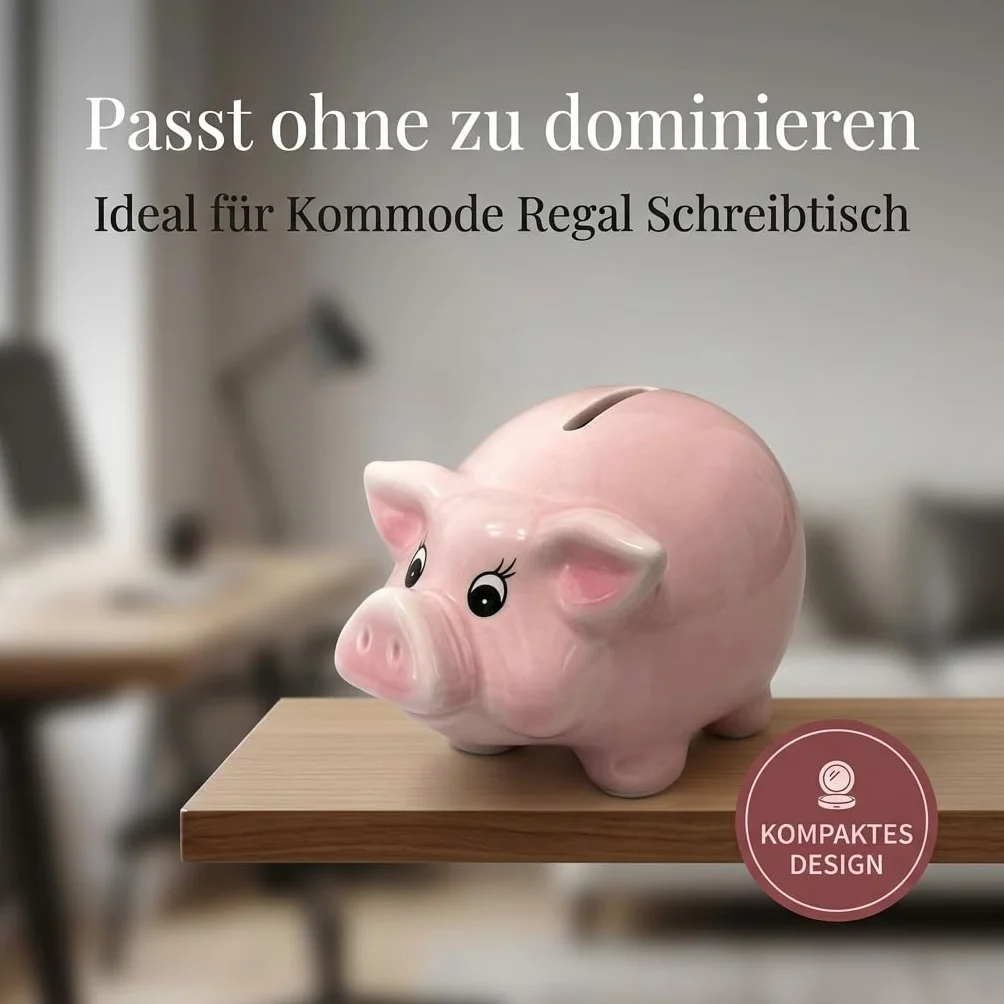MIJOMA ceramiczna skarbonka w kształcie świnki w kolorze różowym, skarbonka o słodkim wzorze, z gumowym korkiem, skarbonka dla dzieci (S (13,5 x 8,5 cm))