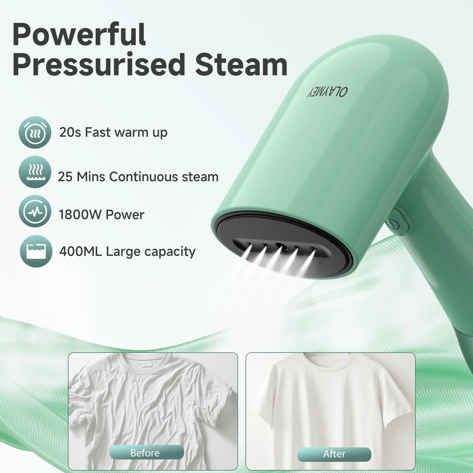 OLAYMEY Steamer żelazko parowe podróżne, 1800 W, 30 g/min, żelazko parowe, 400 ml, przenośne żelazko podróżne, szybkie nagrzewanie 20 s, ręczna parownica, szczotka parowa do ubrań, T202, zielona