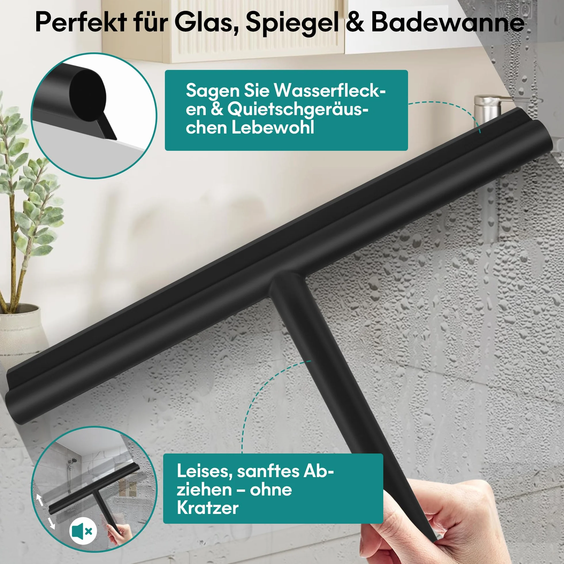 Shower Squeegee ściągaczka prysznicowa, 28 cm, silikonowa, szeroka, czarna – ściągaczka do prysznica i łazienki z uchwytem, bez wiercenia, ściągacz do okien z przyssawką i hakiem