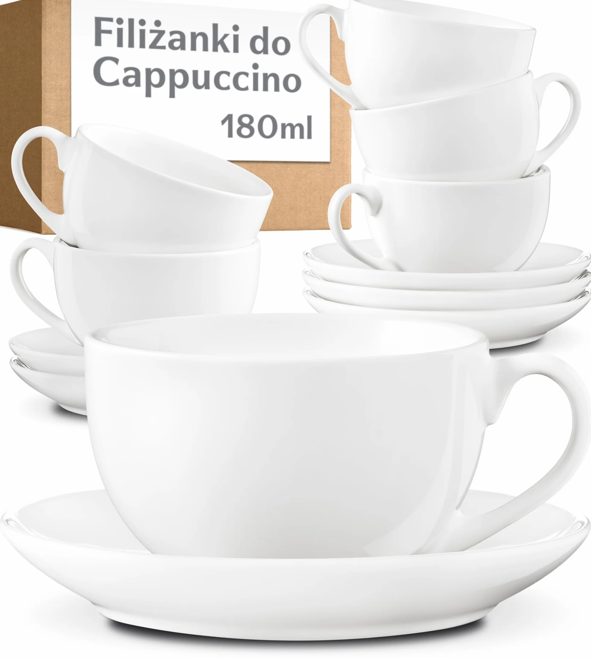 Zestaw Filiżanek Cappuccino 6 Sztuk Białe Ceramiczne 180ml