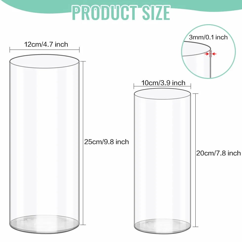 Olrla Zestaw 2-częściowy przezroczysty akrylowy wazon na kwiaty 25 x 12 cm i 20 x 10 cm, nietłukący się plastikowy wazon cylindryczny do aranżacji kwiatów, dekoracji ślubnych, DIY