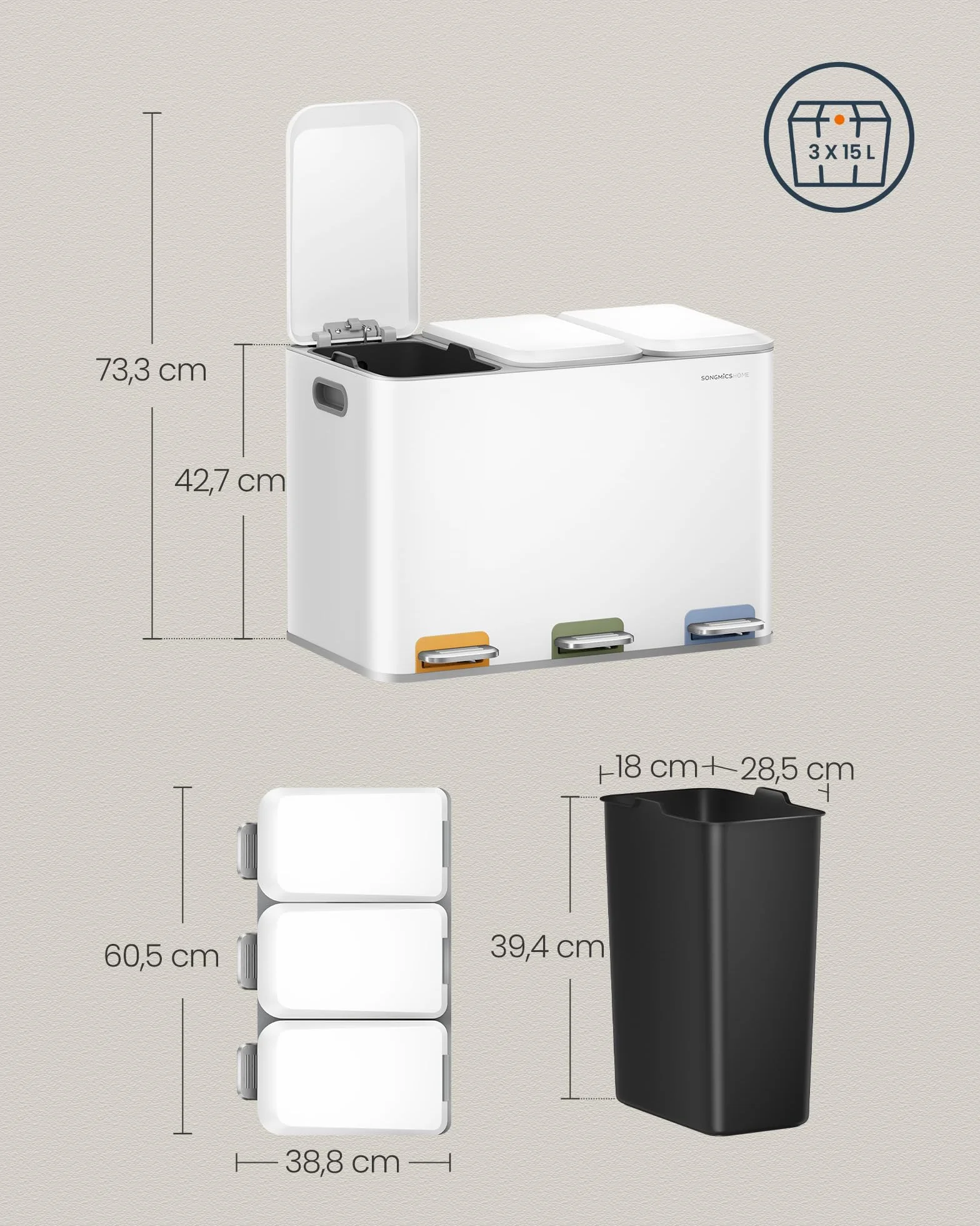 SONGMICS HOME Potrójny kosz kuchenny, 15 l, z kolorowymi pedałami, systemem oddzielania odpadów, pokrywkami i wewnętrznymi wiaderkami, stal, Cloud White LTB740W02V1