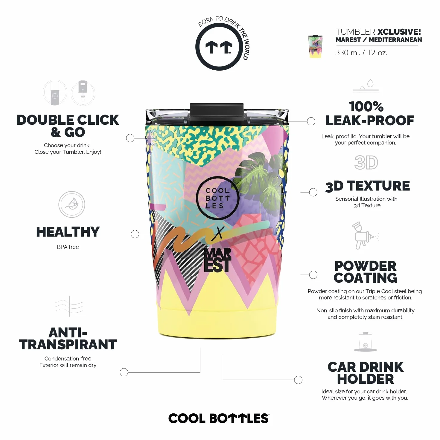 Cool Bottles - Termos do kawy, kubek termiczny ze stali nierdzewnej, kubek do kawy - 10 godzin zimne i gorące napoje 5 godzin - Szczelna pokrywka, bez BPA - Mediterranean, 330 ml