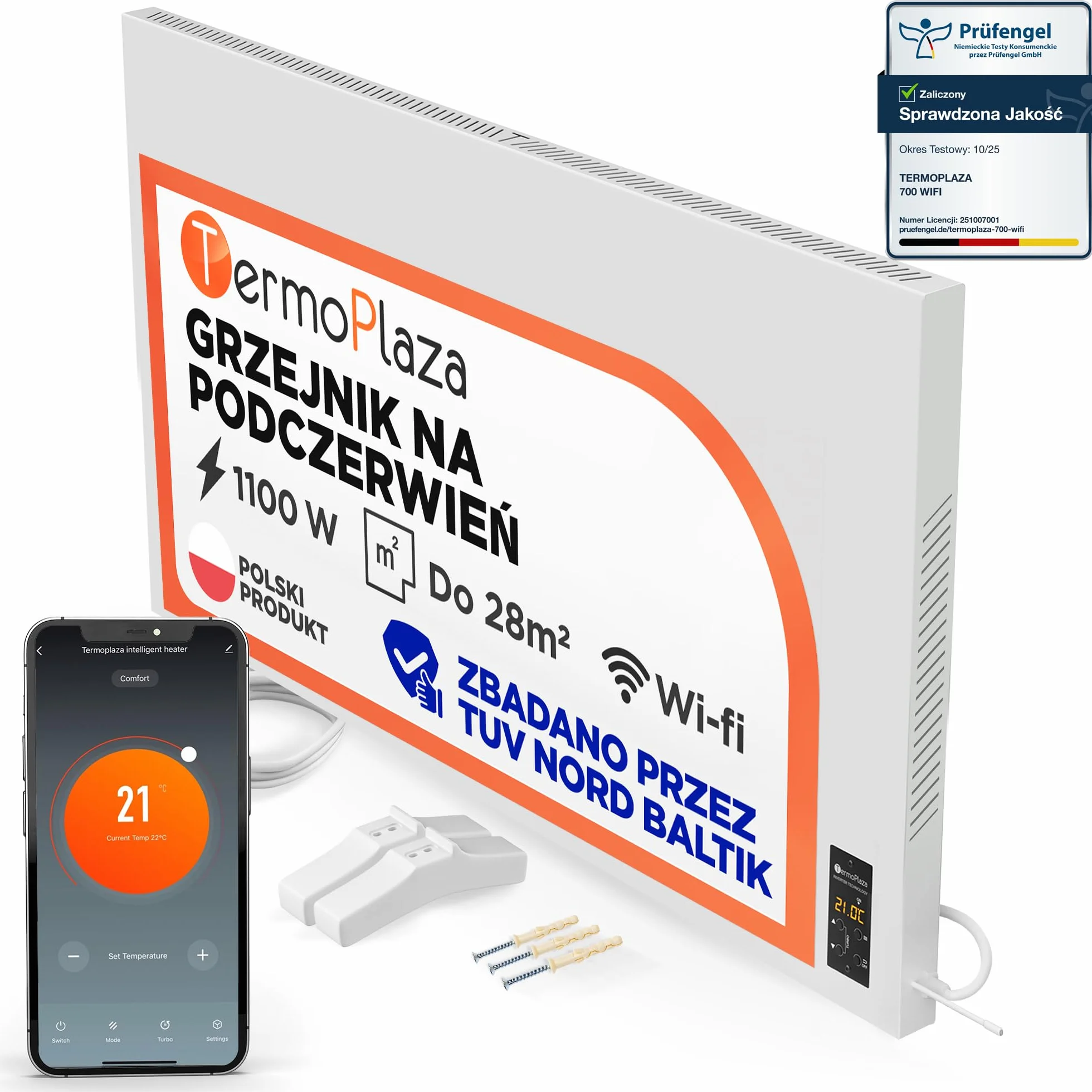 TermoPlaza WiFi Grzejnik na podczerwień z termostatem 1100 W do 28 m² | Inteligentny grzejnik ścienny i stojący | Energooszczędny elektryczny grzejnik konwektorowy do domu i łazienki
