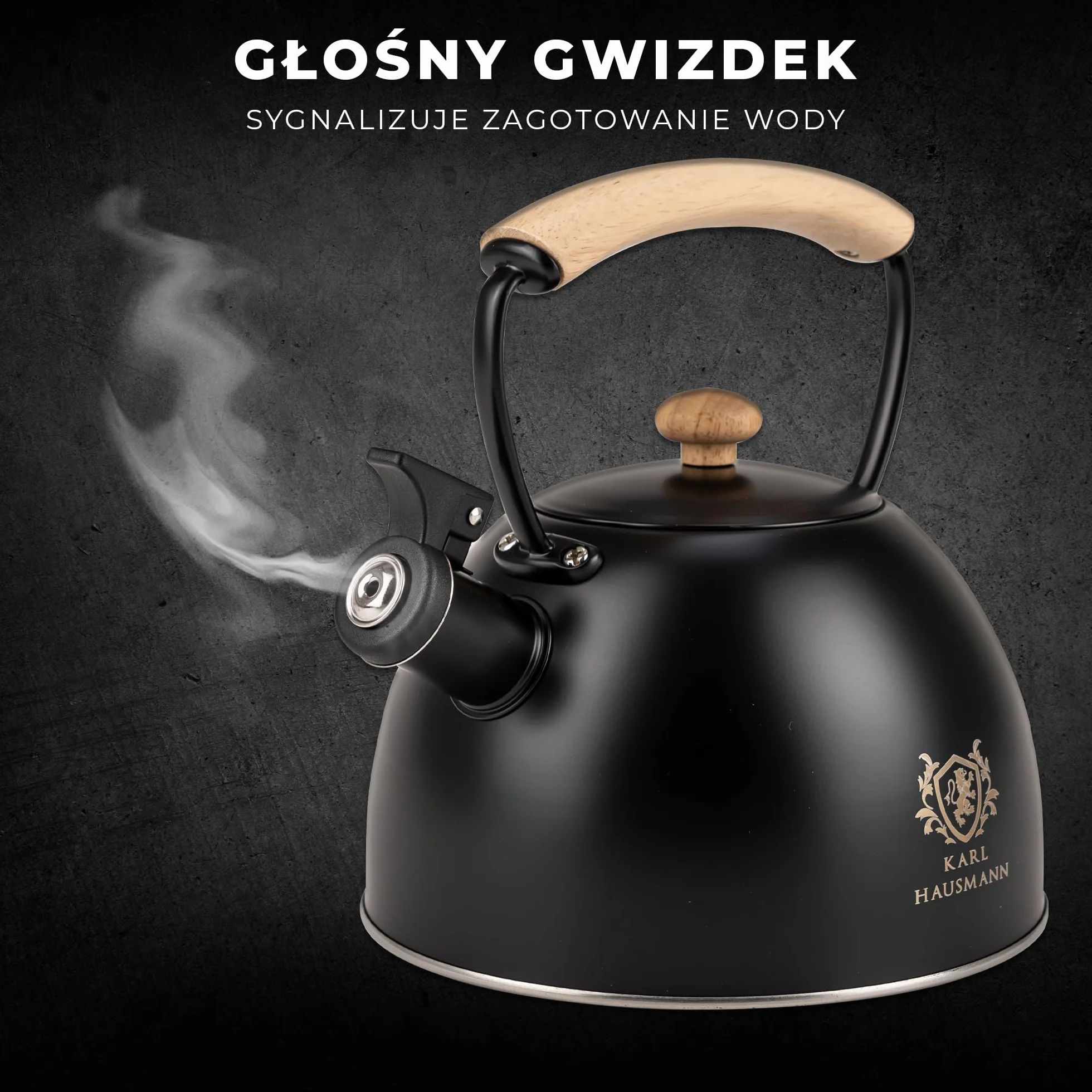 KARL HAUSMANN Czajnik Stalowy - 2.5L - na Kuchenkę Indukcyjną, Gazową i Elektryczną - Uchwyt Cool-Touch - do Herbaty, Kawy - z Gwizdkiem i Pokrywką - Odporny na Zarysowania