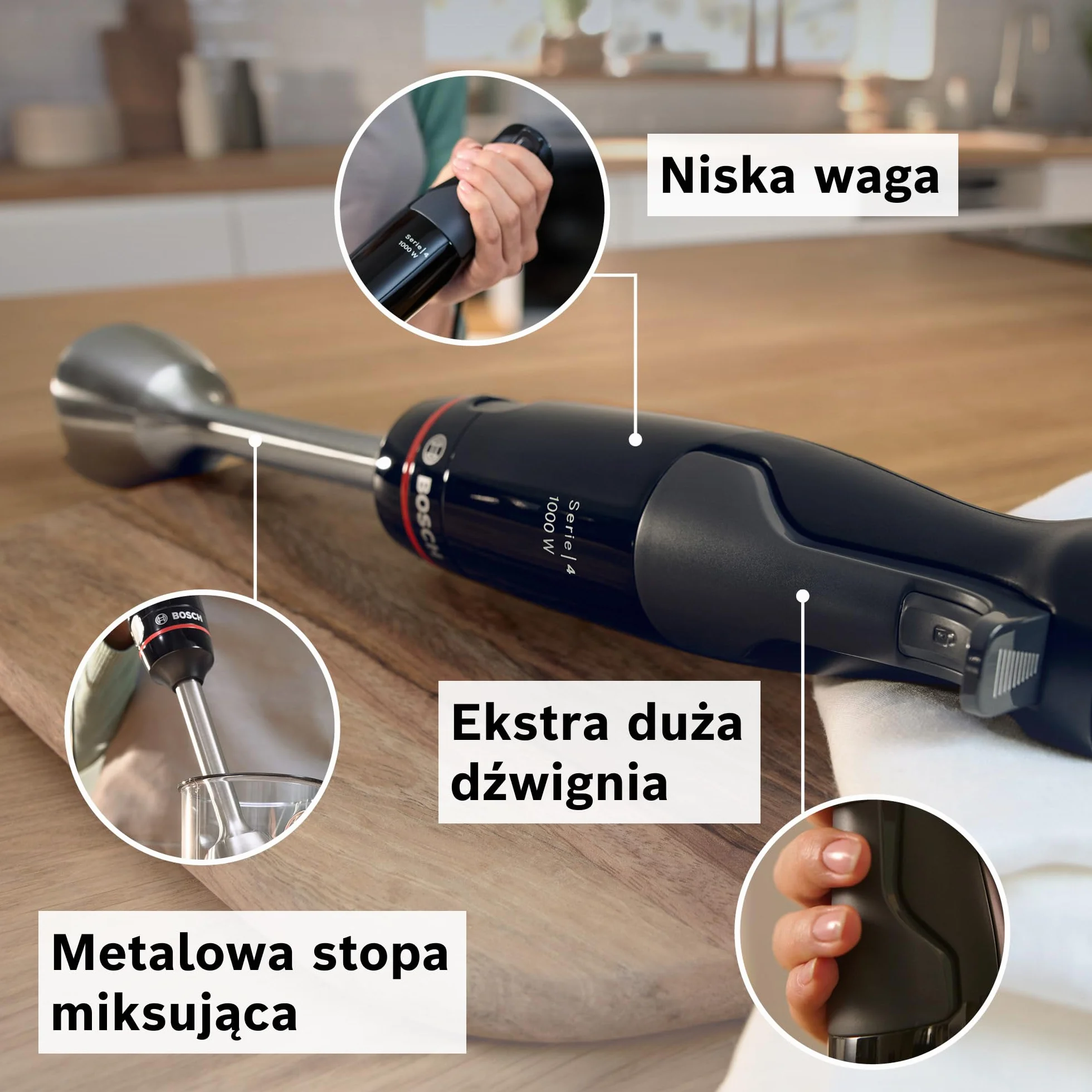 Bosch, blender ręczny, ErgoMaster Series 4, silnik 1000 W, dynamiczna regulacja prędkości, system QuattroBlade, akcesoria w zestawie, MSM4B610