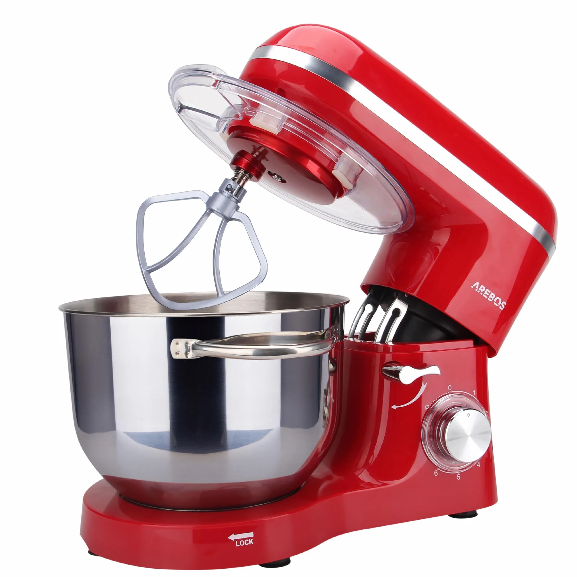 Arebos Profesjonalny robot cukierniczy 1500W | Czerwony | Wielofunkcyjny robot kuchenny z trzepaczką, ubijaczką i haczykiem | Miska ze stali nierdzewnej 6 litrów | 6 prędkości | Funkcja impulsu