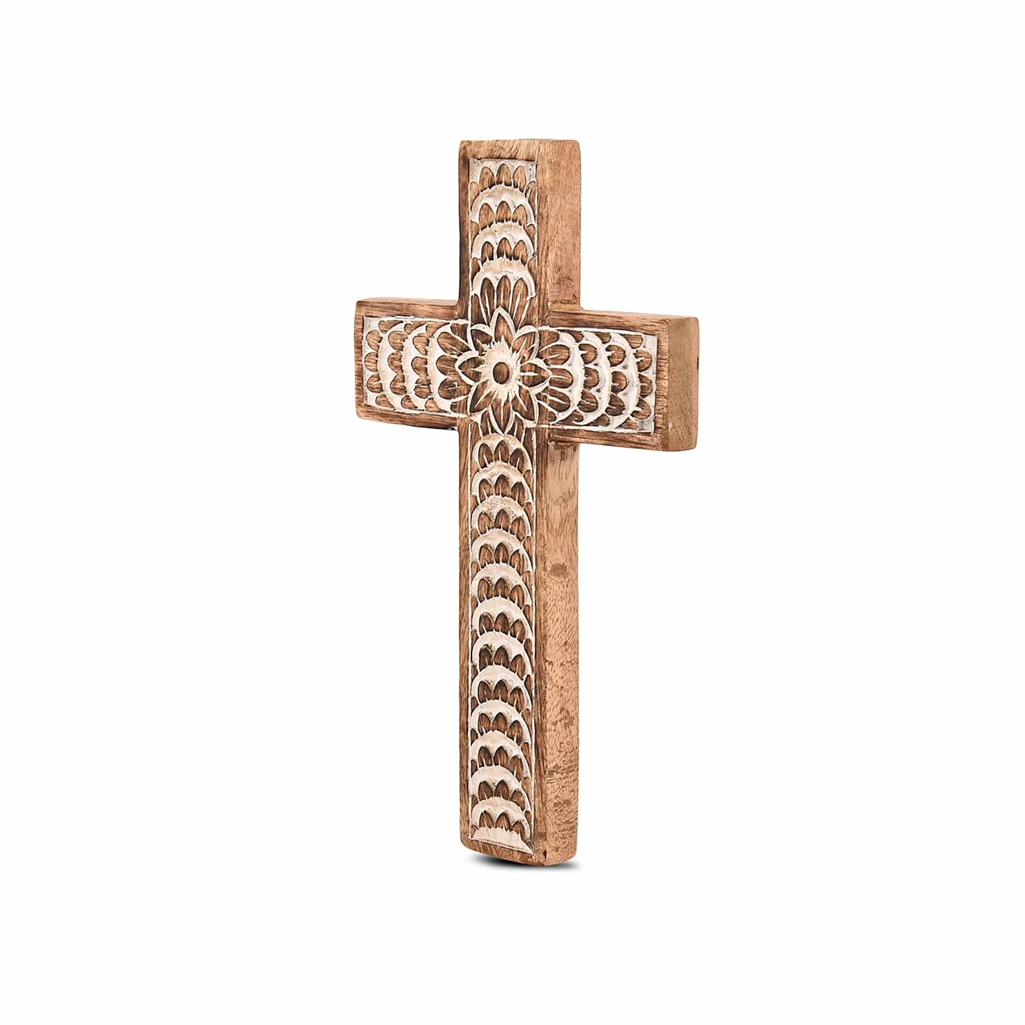 EDHAS Drewniany krzyż rzeźbiony kwiatowy wzór dekoracja domu 25,4 cm x 15,24 cm x 1,27 cm