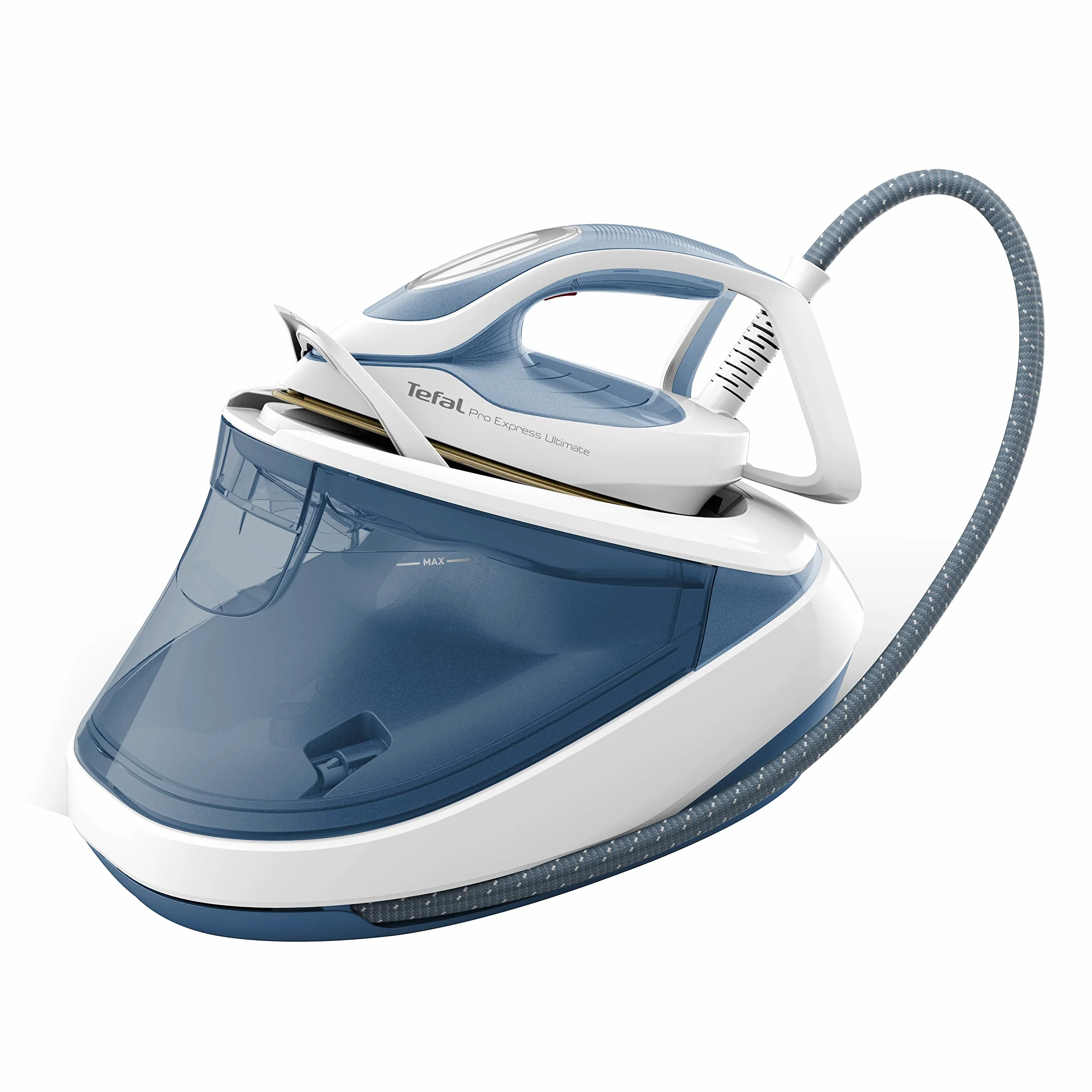 TEFAL GV9710 Pro Express Ultimate Generator pary, Stacja do prasowania parowego, prasowanie w pionie, 7,6 barów, stały wyrzut pary 155g/min, uderzenie pary 580g/min, Calc Collector, biały/niebieski