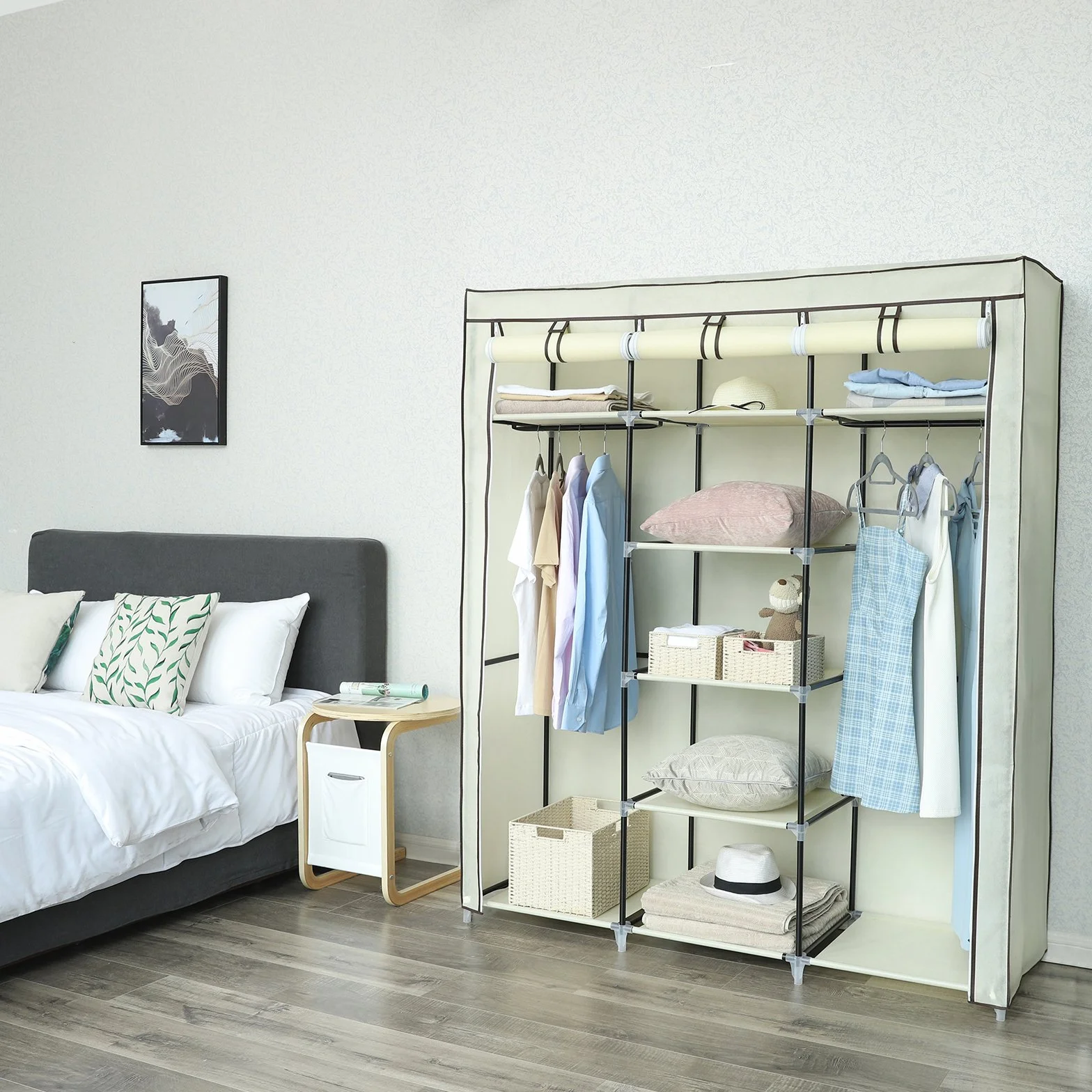 SONGMICS RYG12M szafa na ubrania, składana szafa z 2 drążkami na ubrania, 175 x 150 x 45 cm, beżowa