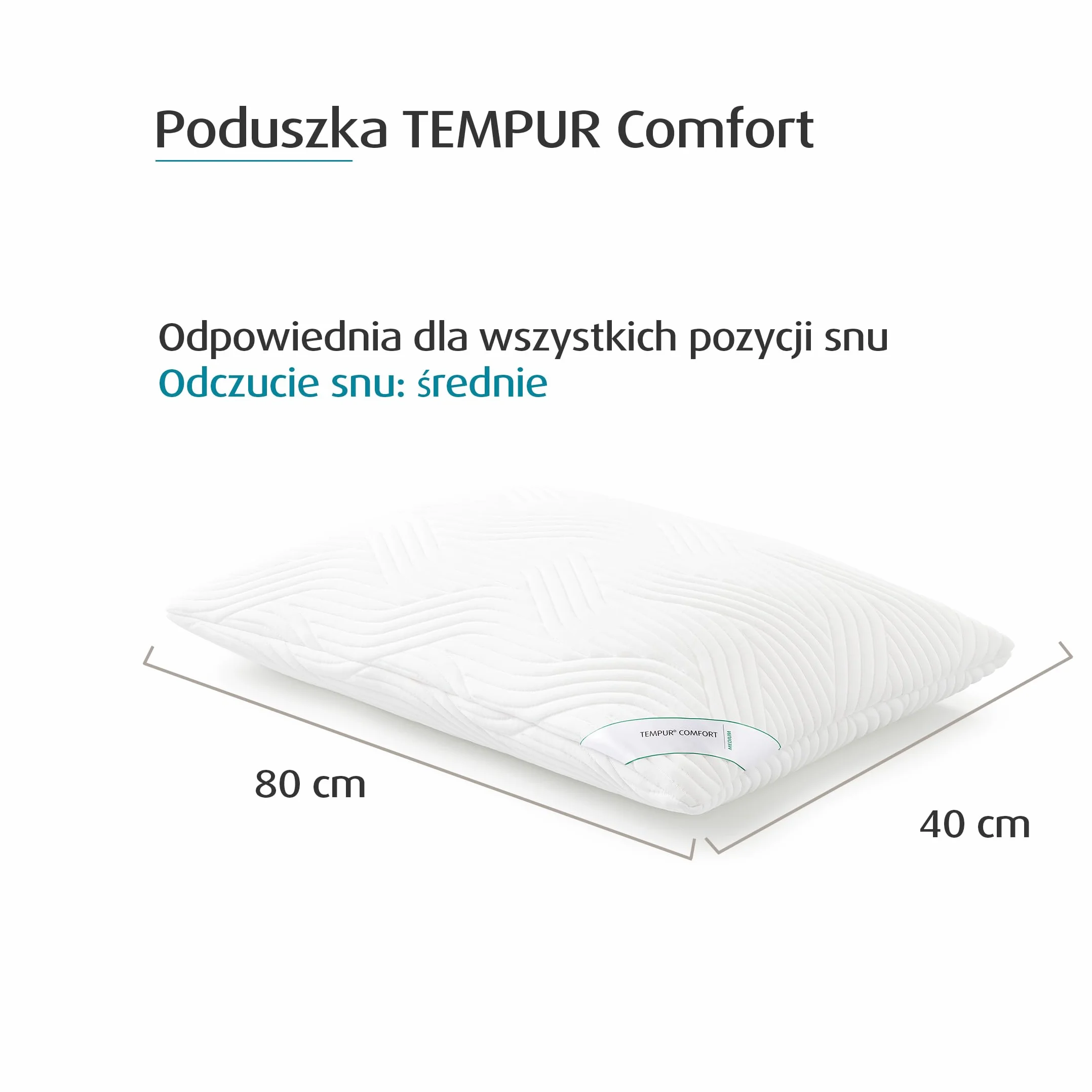TEMPUR Poduszka do spania Comfort Medium, klasyczna ergonomiczna poduszka do spania na plecach, boku i brzuchu, pokrowiec nadający się do prania, OEKO-TEX MADE IN GREEN, 40 x 80 cm