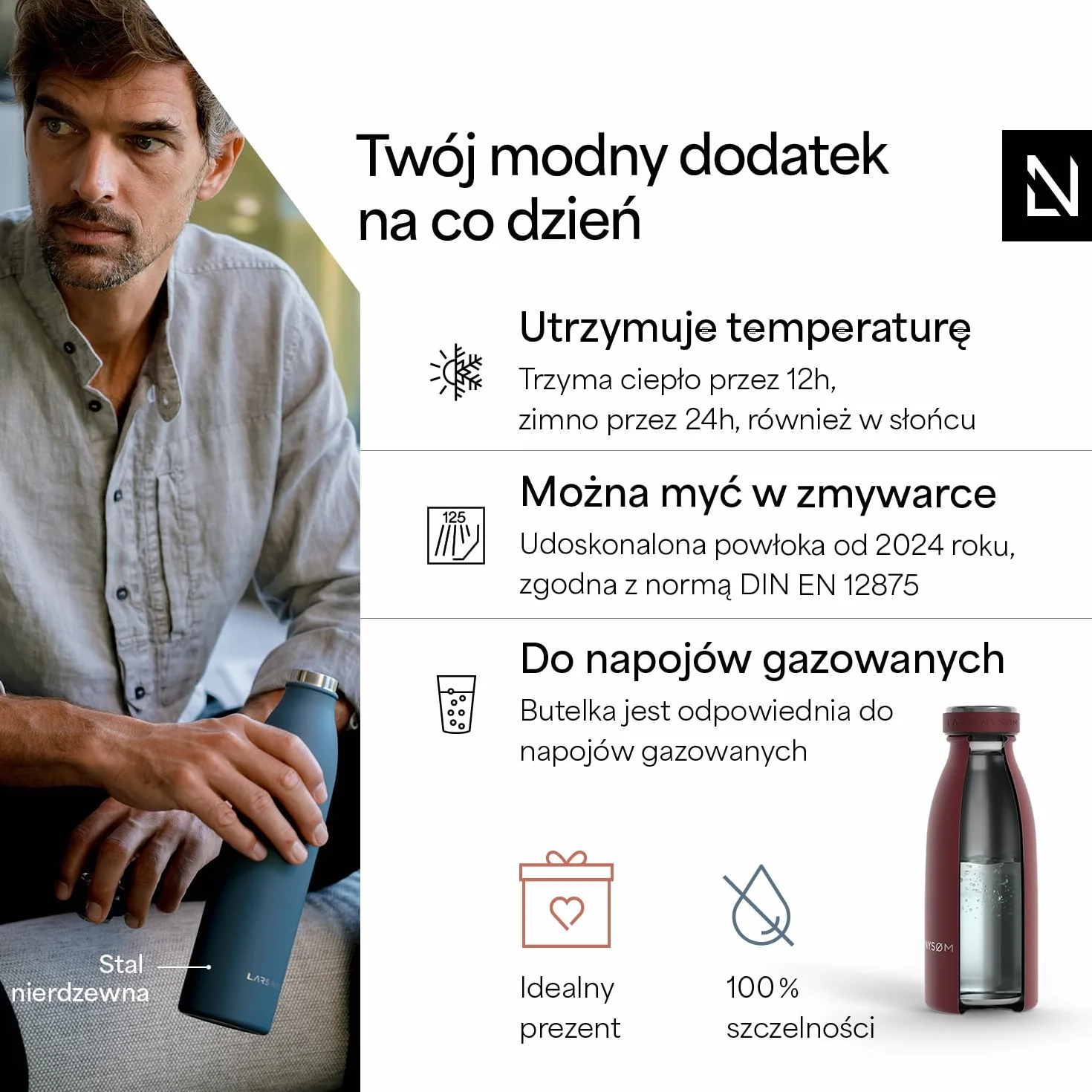 LARS NYSØM stalowa butelka 350ml, 500ml, 750ml, 1L, 1,5 litra | Flaszka termiczna odpowiednia do napojów gazowanych | Butelka na wodę do sportu, jogi (Berry Red, 350ml)