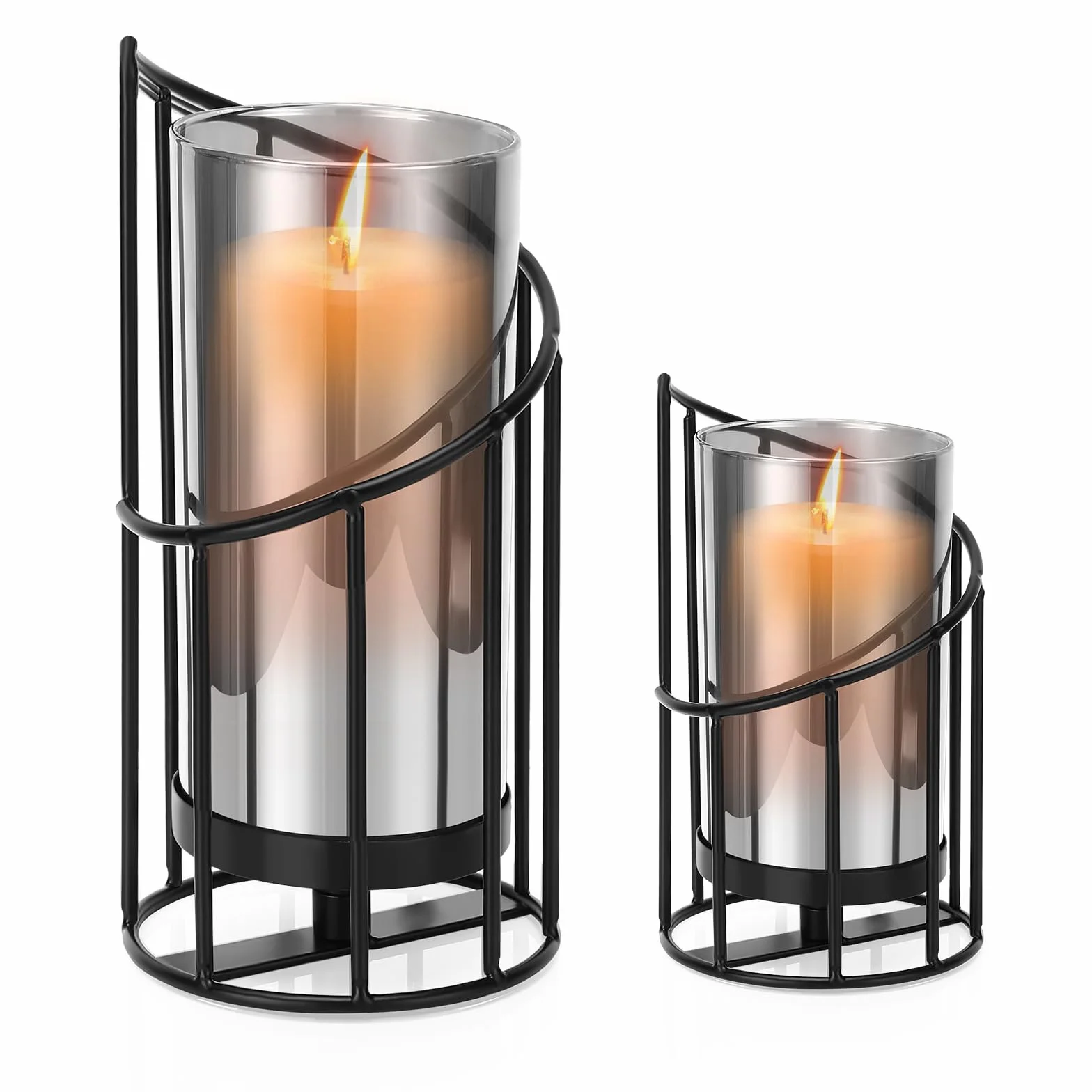 Świecznik dekoracyjny czarny zestaw 2 szt. szklany cylinder metalowe dno vintage geometryczny