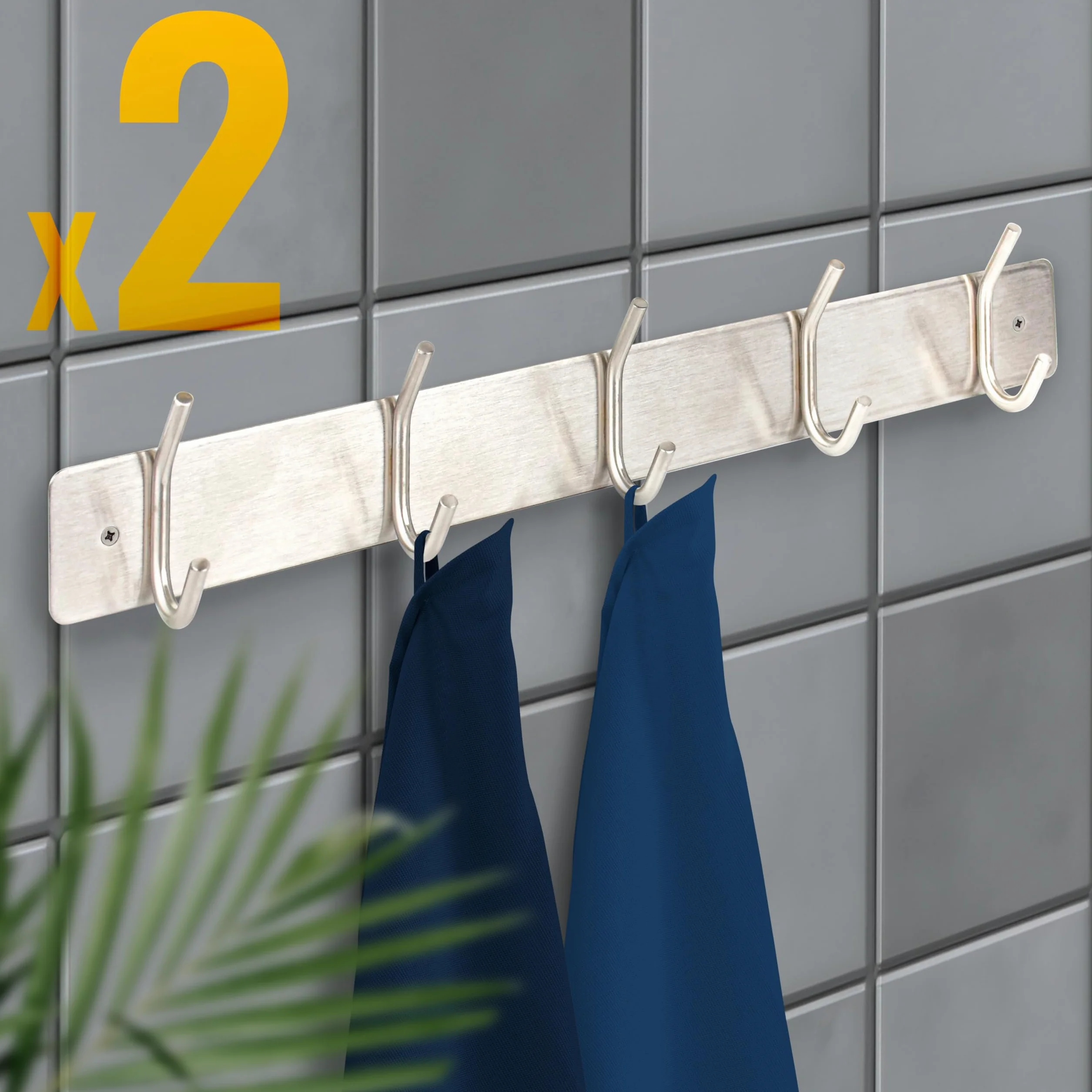RICOO Hak garderobiany ze stali nierdzewnej MH028S-5x2, srebrny, wytrzymała listwa z haczykami do montażu na ścianie, 2 sztuki, wieszak na ubrania o eleganckim wzornictwie, wszechstronne zastosowanie